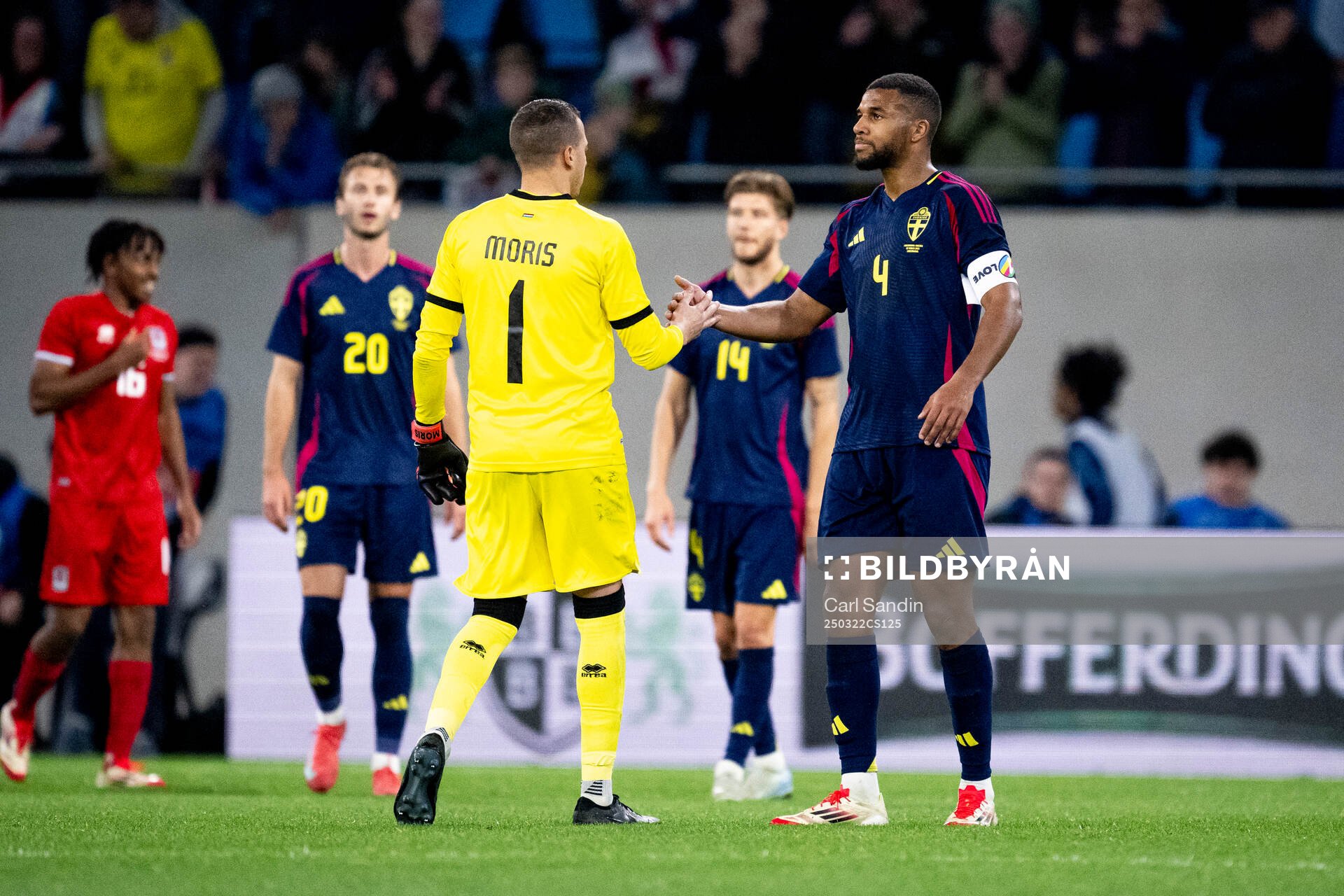 Goalkeeper Anthony Moris goalkeeper Anthony Moris and Isak Hien of Sweden after the international friendly football match between Luxembourg and Sweden on March 22, 2025 in Luxembourg.