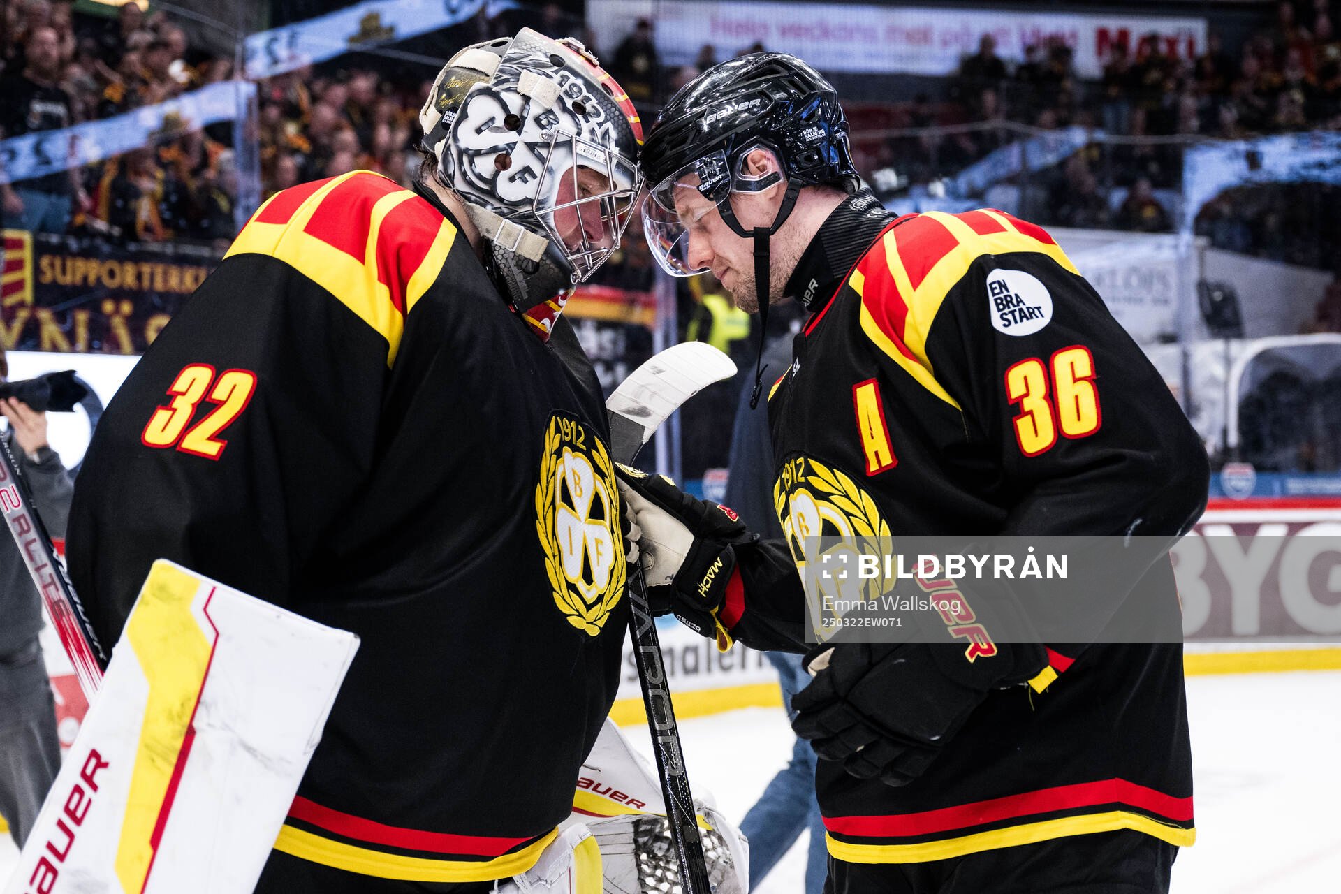 Brynäs målvakt Ludvig Persson och Linus Ölund jublar