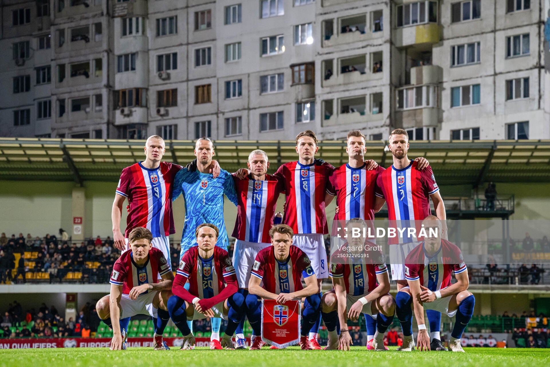The starting eleven of Norway pose for a team photo ahead of the FIFA World Cup Qualifier football match between Moldova and Norway on March 22, 2025 in Chisinau. Top left: Erling Braut Haaland, goalkeeper Ørjan Håskjold Nyland, Julian Ryerson, Sander Berge, Alexander Sørloth and Kristoffer Ajer. Front left: David Møller Wolfe, Andreas Schjelderup, Martin Ødegaard, Thelo Aasgaard and Leo Østigård.