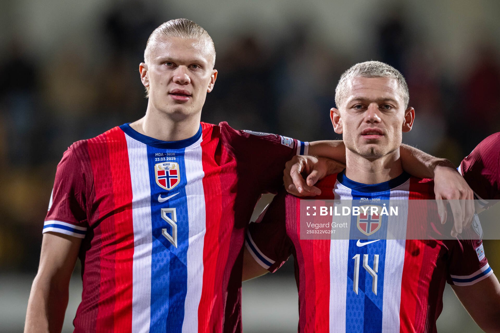 Erling Braut Haaland and Julian Ryerson of Norway line up