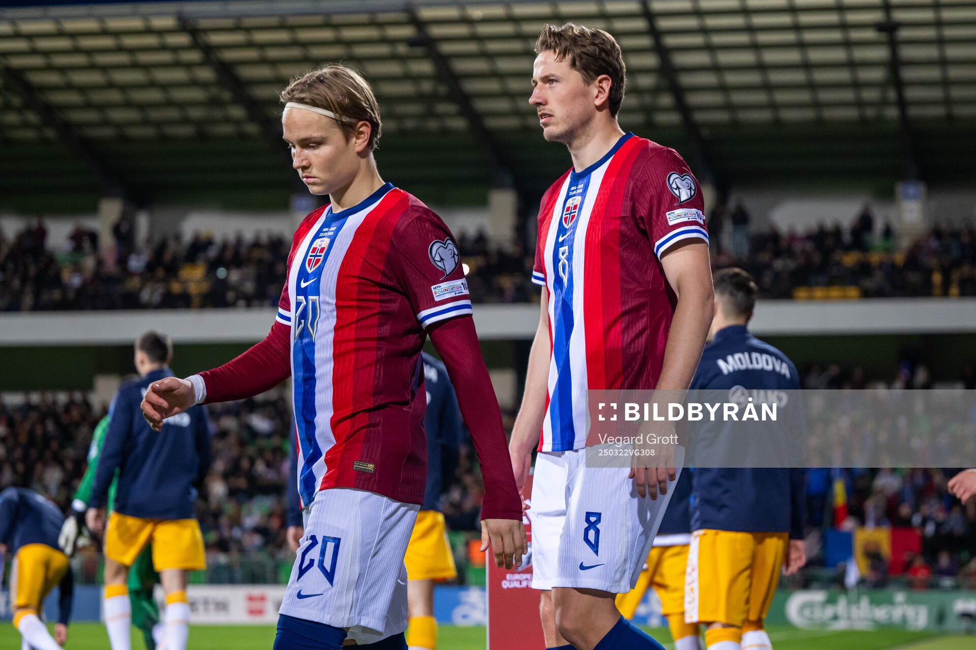 Andreas Schjelderup and Sander Berge of Norway enter the