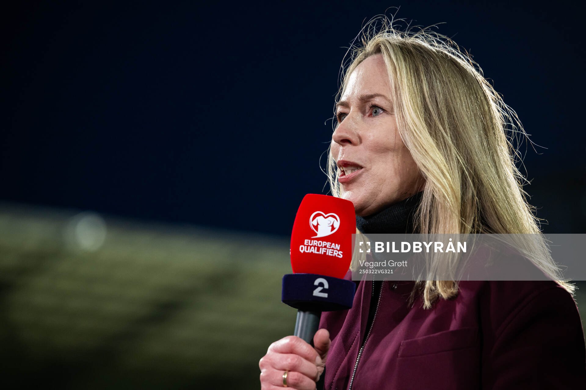 Anne Sturød, of broadcaster TV 2, ahead of the FIFA World Cup Qualifier football match between Moldova and Norway on March 22, 2025 in Chisinau.