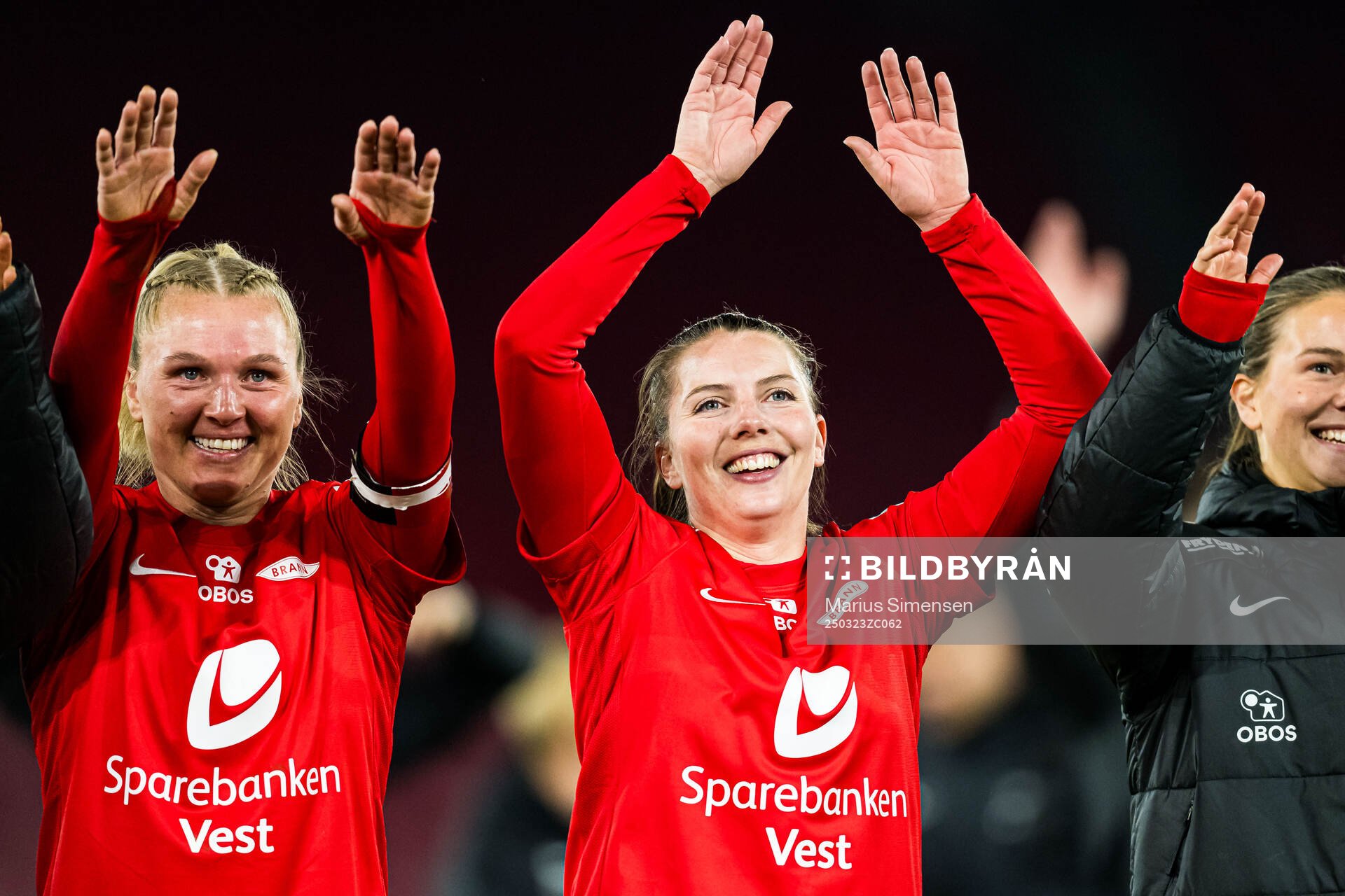 Karoline Haugland and Cecilie Redisch Kvamme of Brann celebrates after the Toppserien football match between Brann and Rosenborg on March 23, 2025 in Bergen.