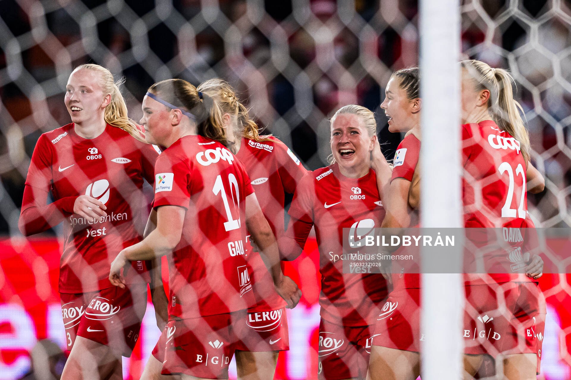 Monica Nedgård Isaksen of Brann celebrates after scoring the 3-0 goal during the Toppserien football match between Brann and Rosenborg on March 23, 2025 in Bergen.