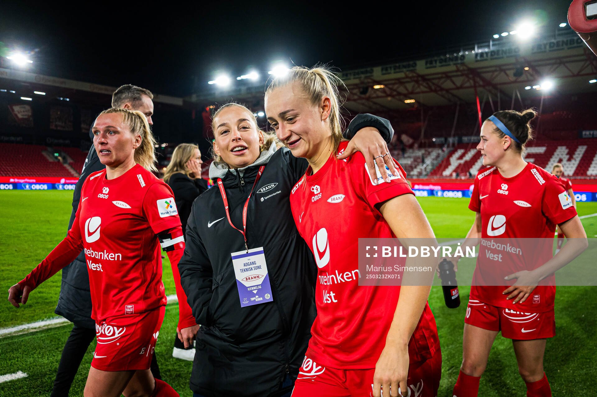 Rikke Nygard and Lauren Alison Davidson of Brann after the Toppserien football match between Brann and Rosenborg on March 23, 2025 in Bergen.