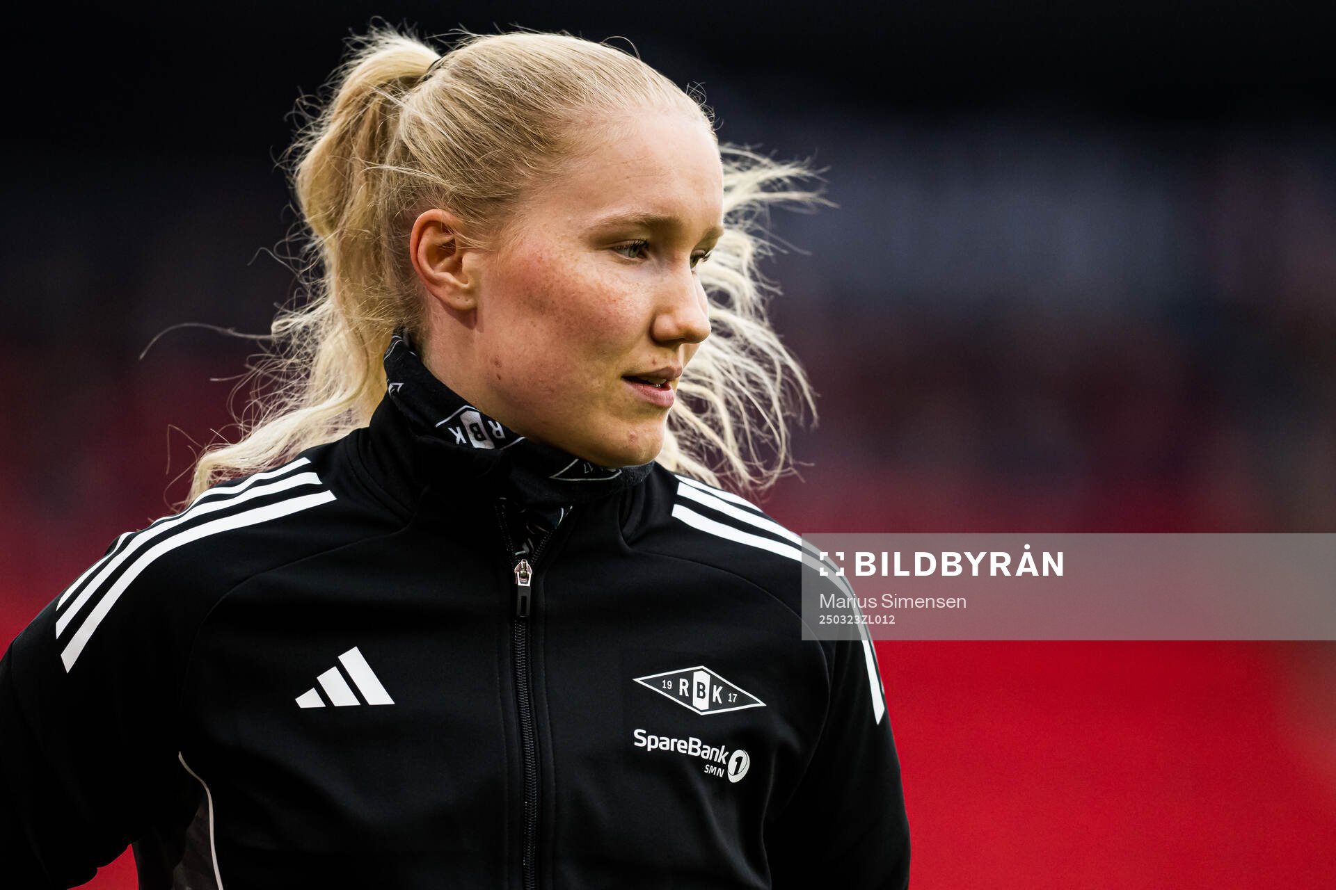 Synne Amdahl Brønstad of Rosenborg warms up ahead of the Toppserien football match between Brann and Rosenborg on March 23, 2025 in Bergen.