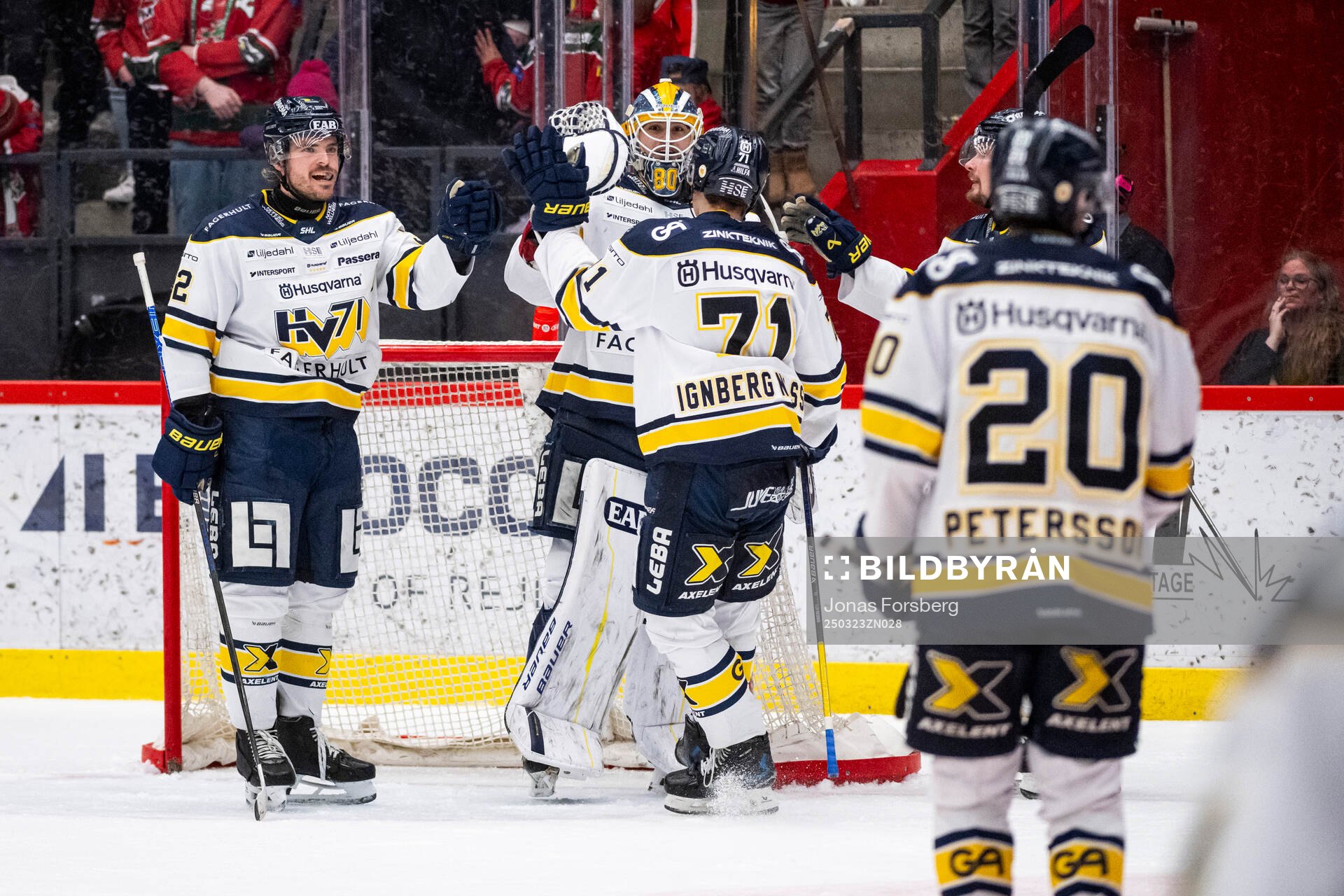HV71s Oscar Engsund jublar med målvakt Frederik Dichow och