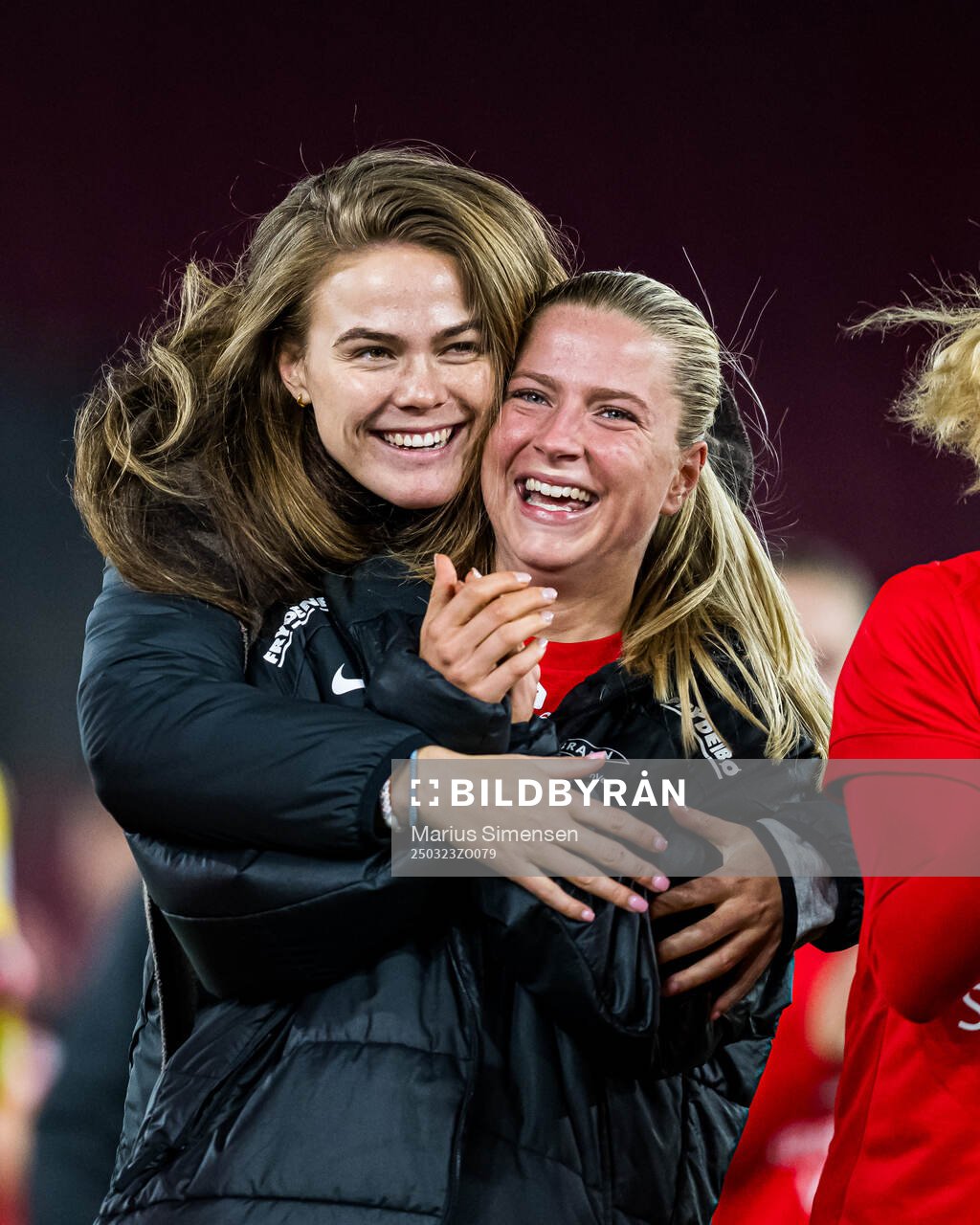 Marthine Østenstad and Monica Nedgård Isaksen of Brann celebrates after the Toppserien football match between Brann and Rosenborg on March 23, 2025 in Bergen.