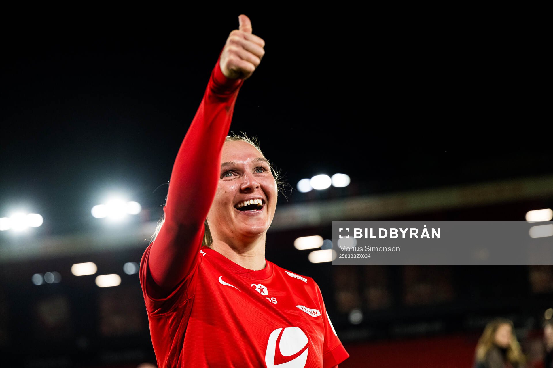Karoline Haugland of Brann celebrates after the Toppserien football match between Brann and Rosenborg on March 23, 2025 in Bergen.