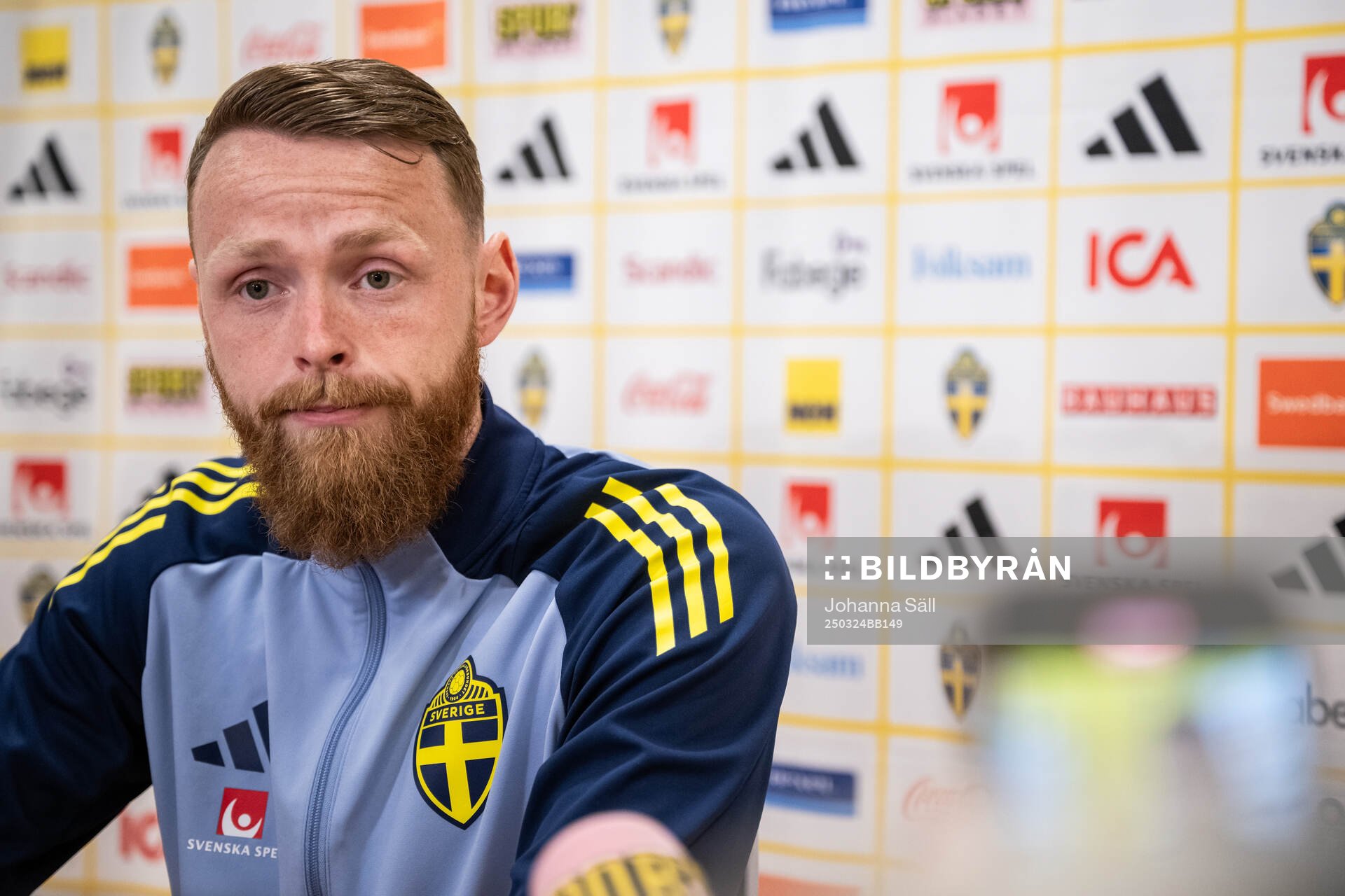 Goalkeeper Viktor Johansson of the Swedish men's national football team in the mixed zone after a training session on March 24, 2025 in Stockholm.