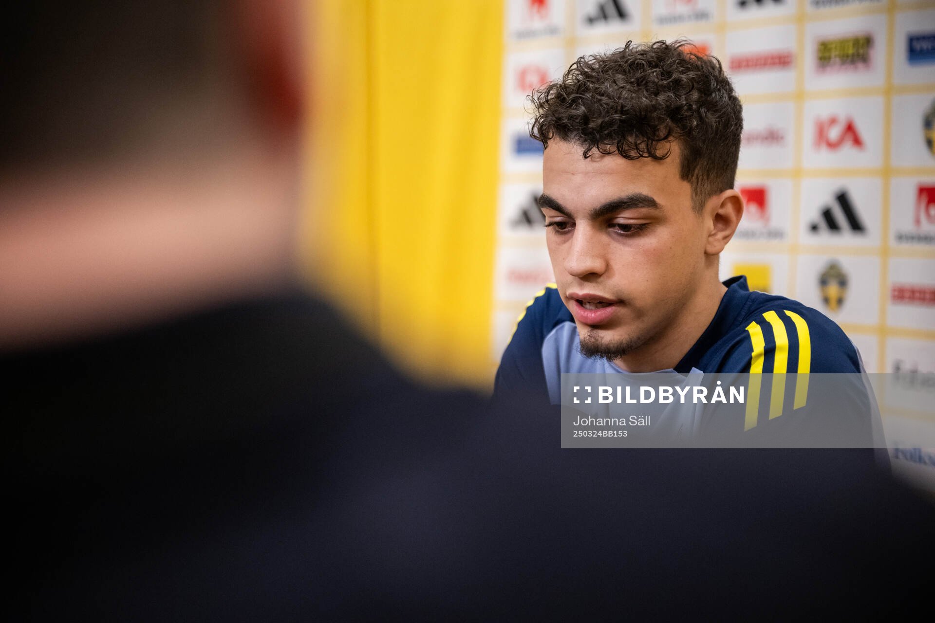 Yasin Ayari of the Swedish men's national football team during a press conference on March 24, 2025 in Stockholm. 