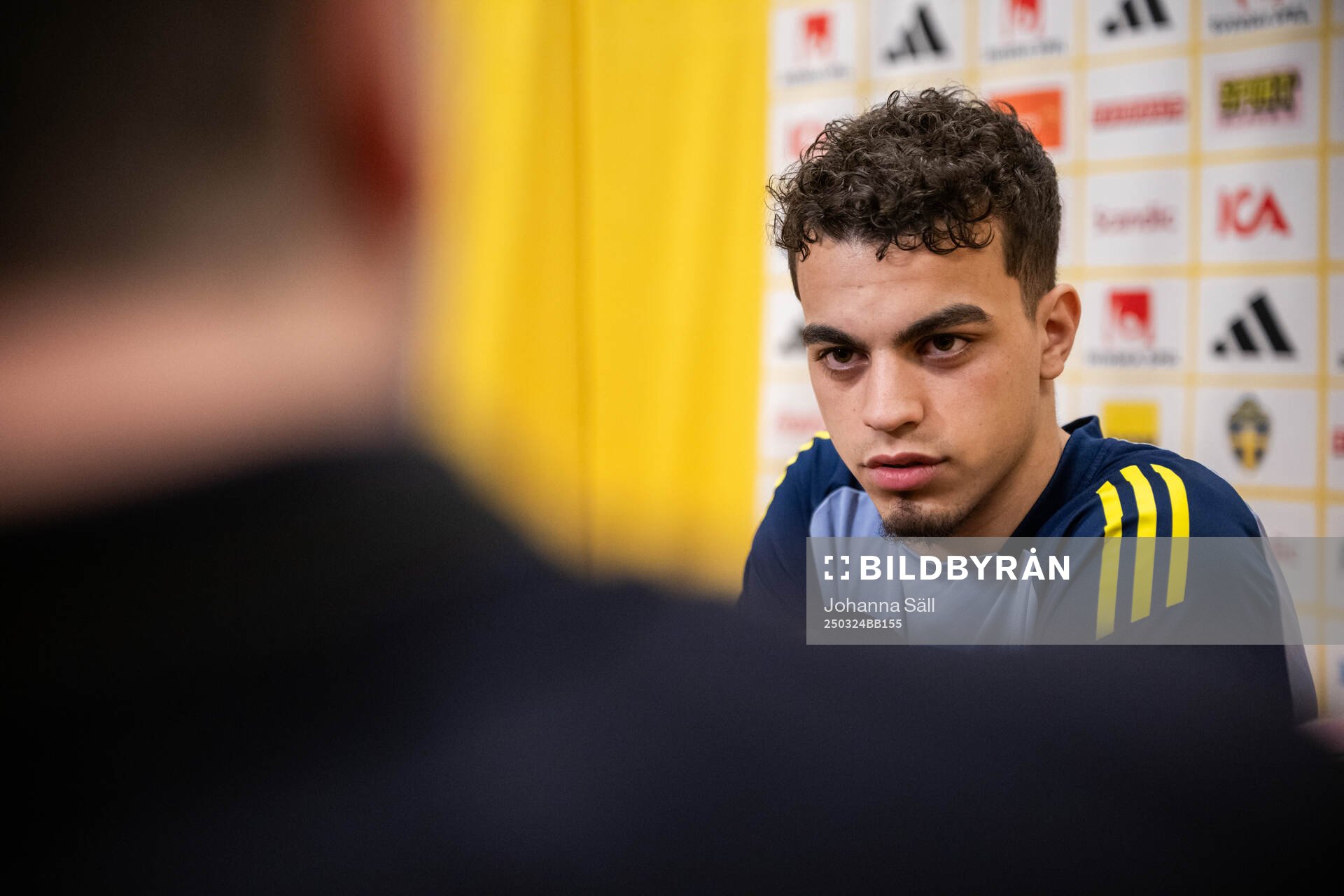 Yasin Ayari of the Swedish men's national football team during a press conference on March 24, 2025 in Stockholm. 