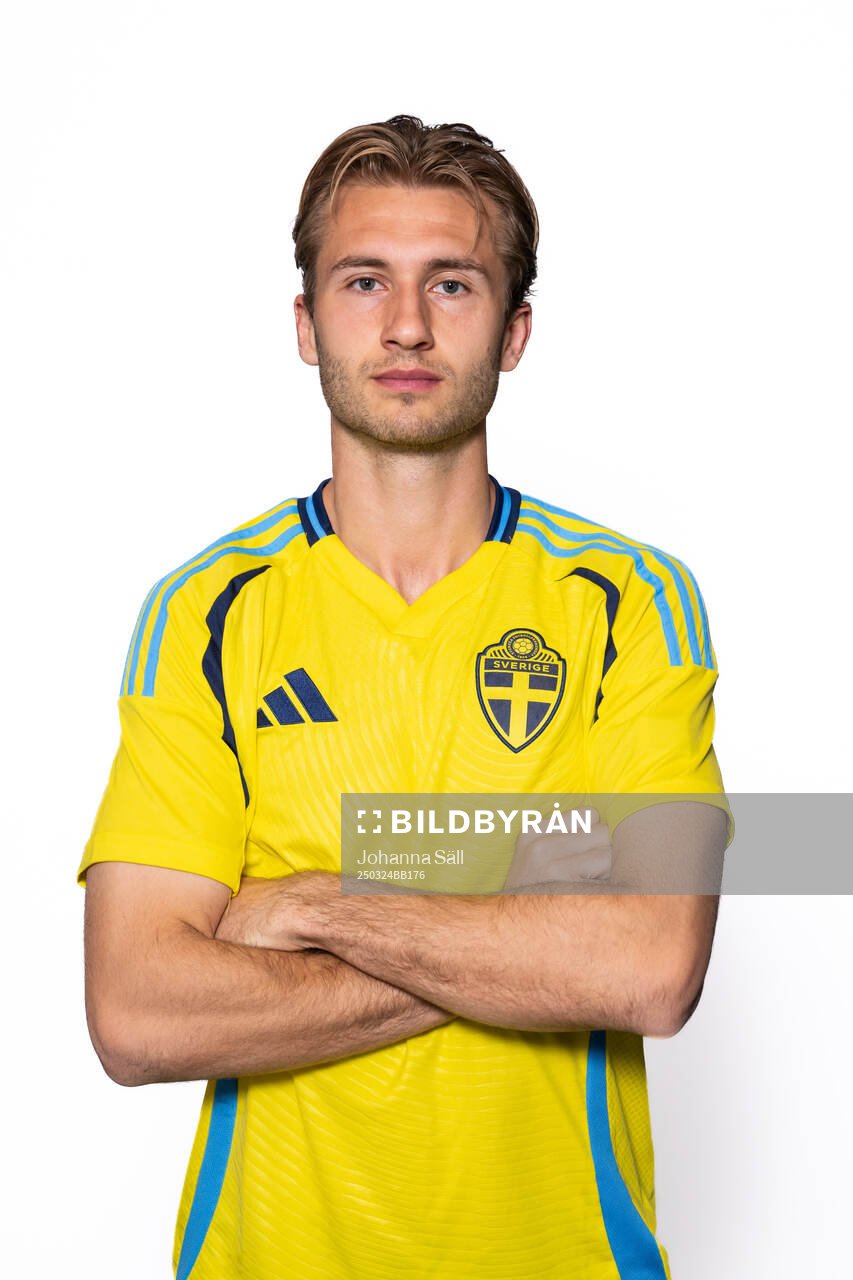 Benjamin Nygren of the Swedish men’s national football team poses for a portrait on March 24, 2025 in Stockholm. 