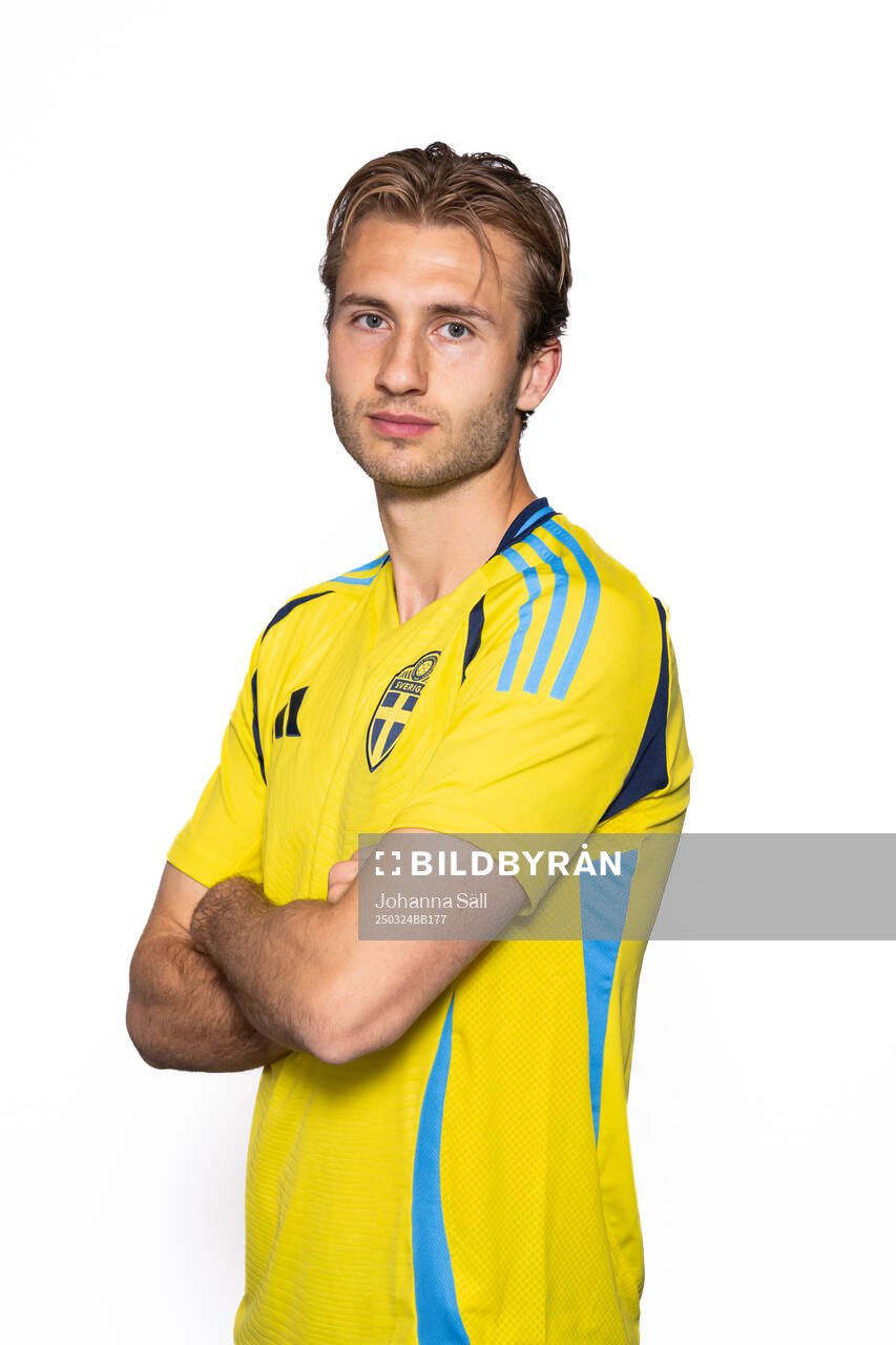 Benjamin Nygren of the Swedish men’s national football team poses for a portrait on March 24, 2025 in Stockholm. 