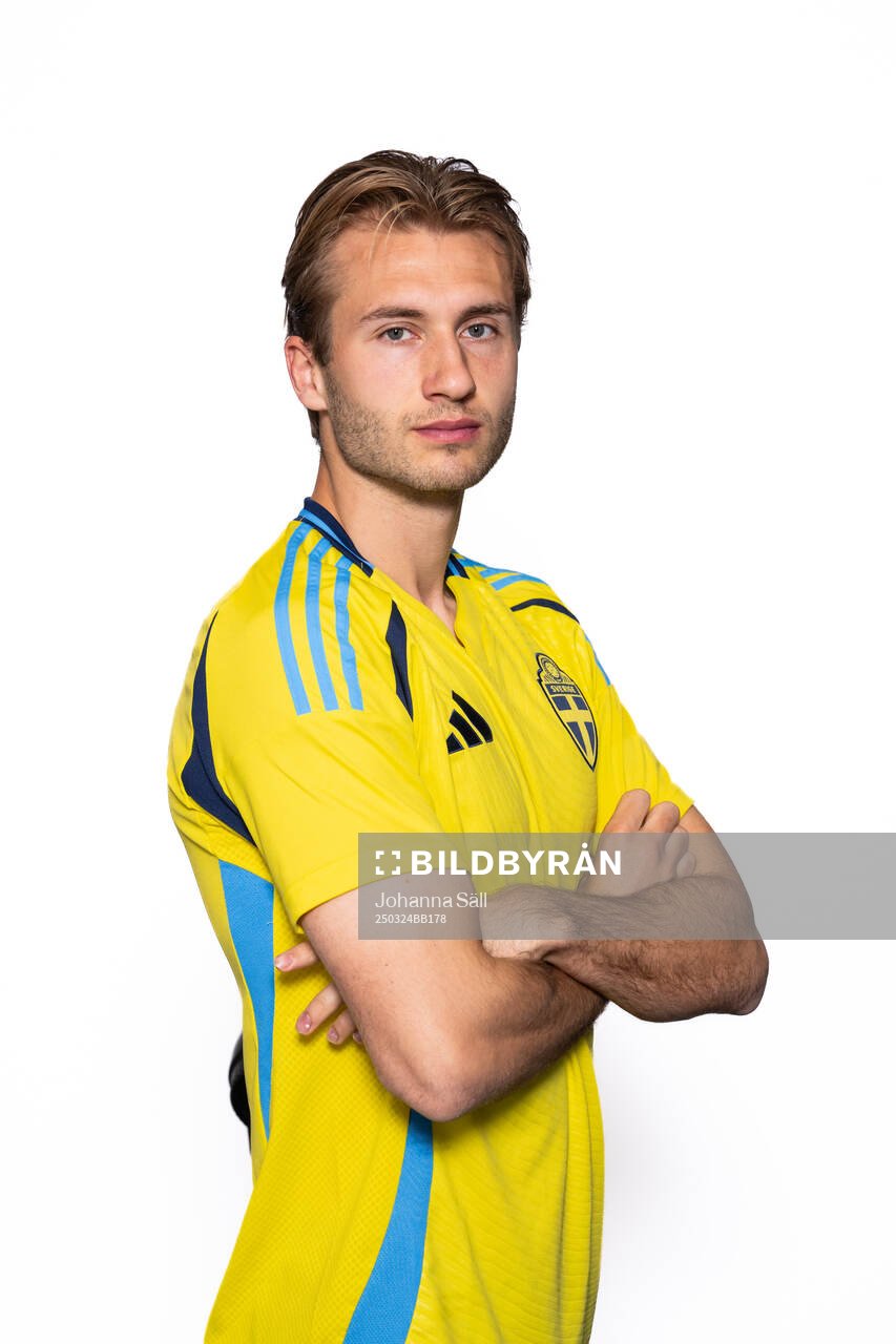 Benjamin Nygren of the Swedish men’s national football team poses for a portrait on March 24, 2025 in Stockholm. 