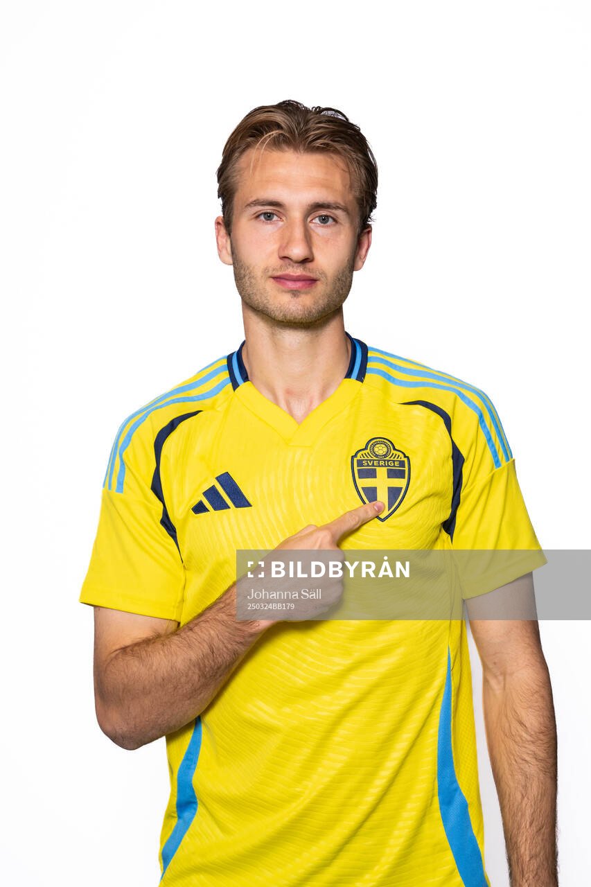 Benjamin Nygren of the Swedish men’s national football team poses for a portrait on March 24, 2025 in Stockholm. 