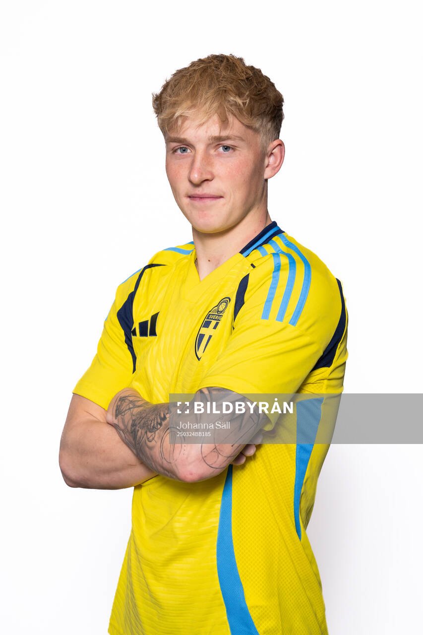 Melker Widell of the Swedish men’s national football team poses for a portrait on March 24, 2025 in Stockholm. Editors note: Background has been retouched