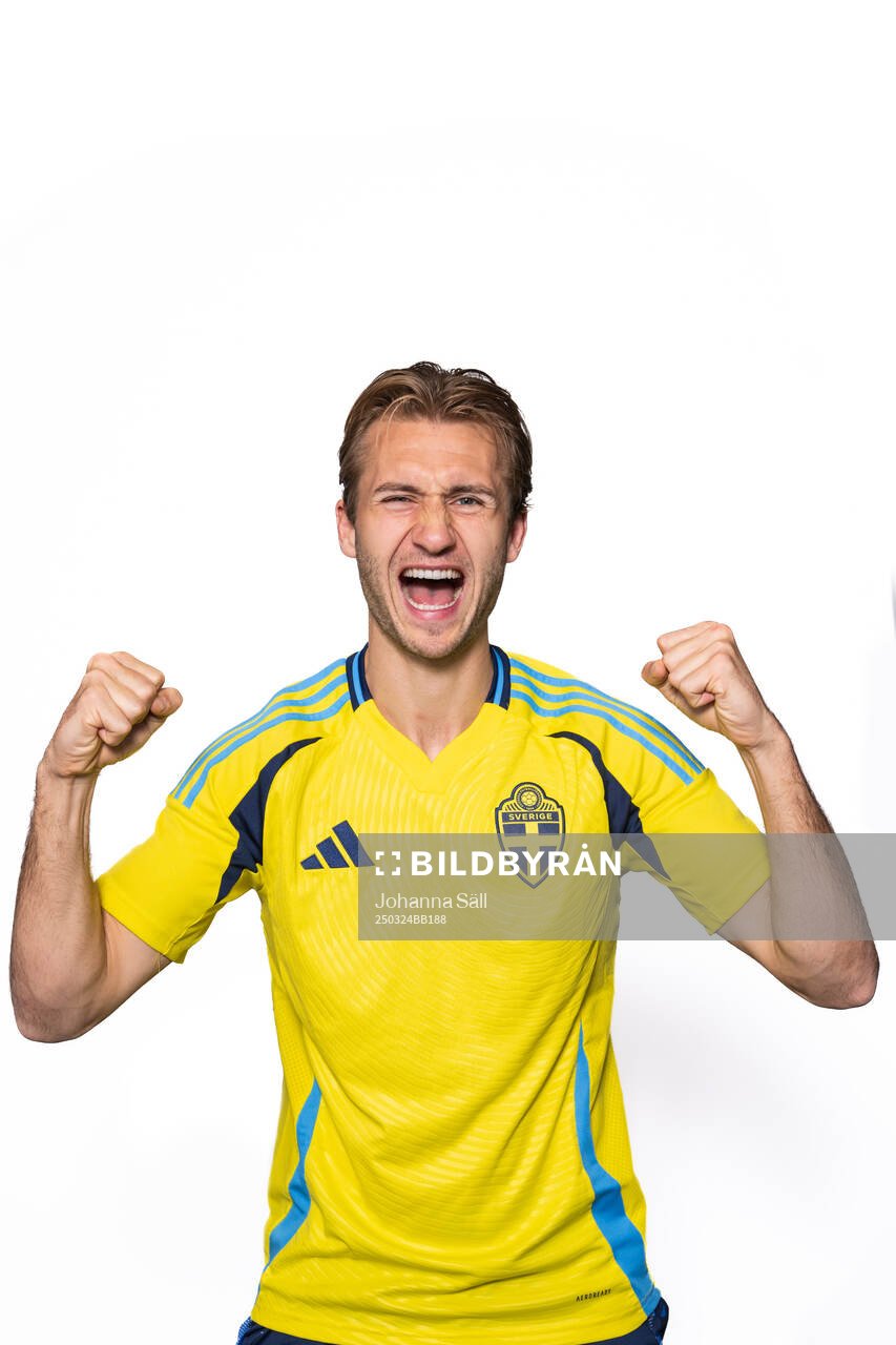 Benjamin Nygren of the Swedish men’s national football team poses for a portrait on March 24, 2025 in Stockholm. Editors note: Background has been retouched