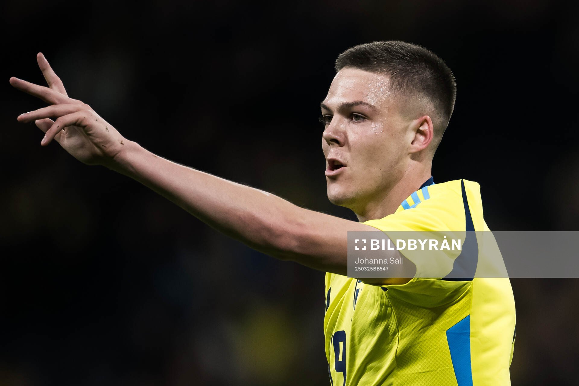 Emil Holm of Sweden celebrates after scoring the 1-0 goal during the international friendly football match between Sweden and Northern Ireland on March 25, 2025 in Stockholm.