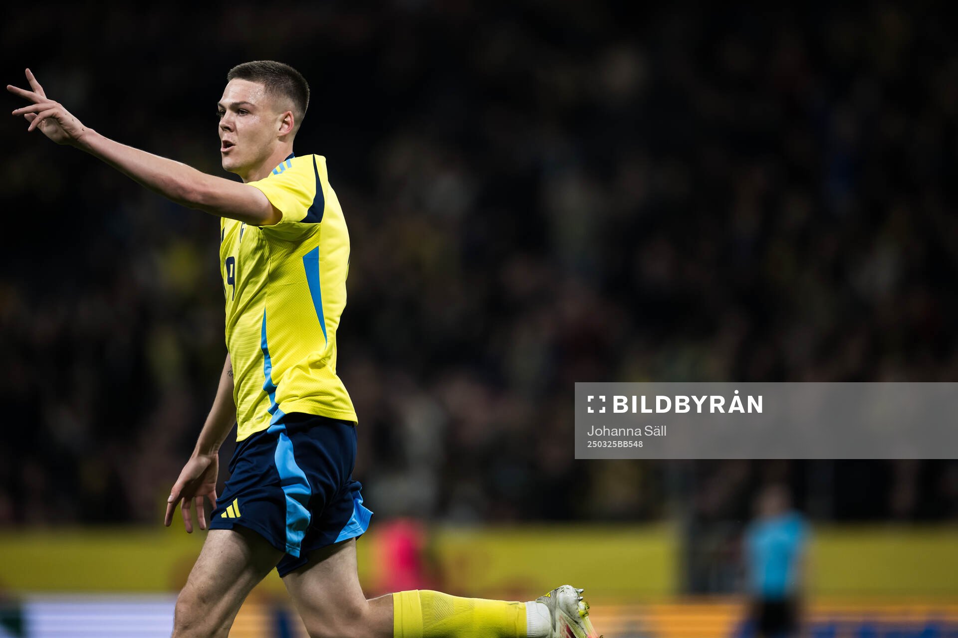Emil Holm of Sweden celebrates after scoring the 1-0 goal during the international friendly football match between Sweden and Northern Ireland on March 25, 2025 in Stockholm.