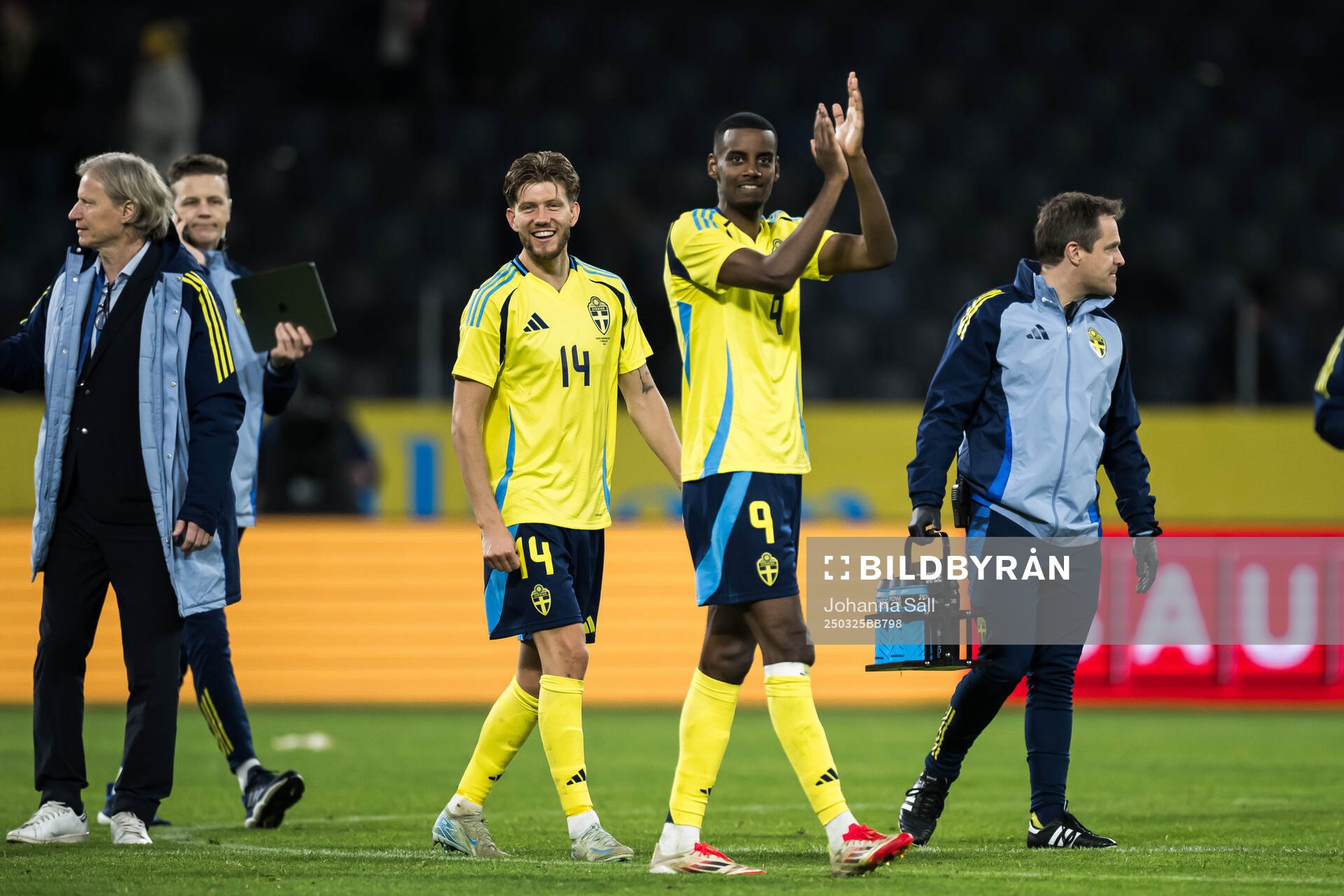 Anton Salétros and Alexander Isak of Sweden celebrate