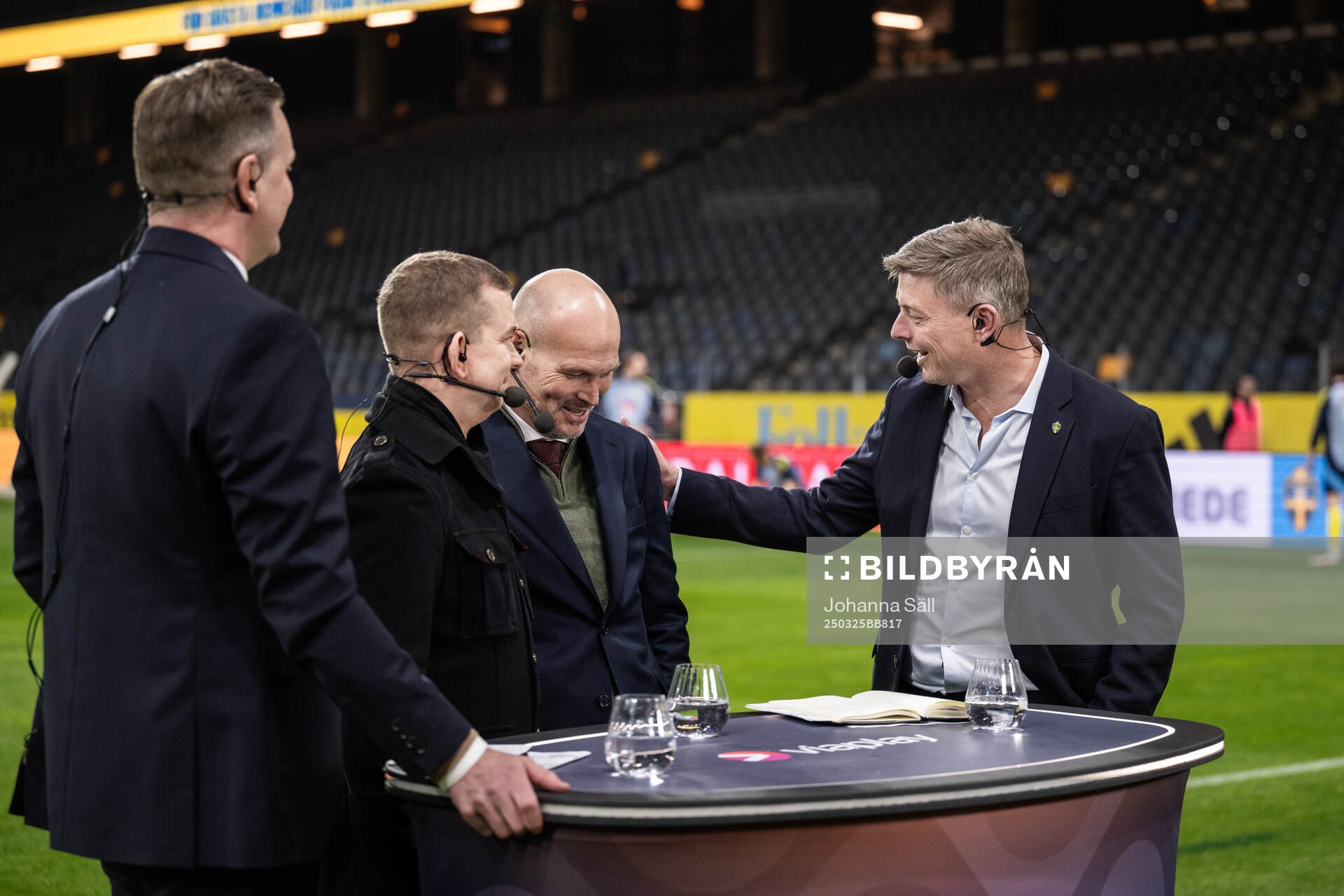 Head coach Jon Dahl Tomasson of Sweden is interviewed in the Viaplay studio with Niklas Jidhe, Erik Niva and Fredrik Ljungberg after the international friendly football match between Sweden and Northern Ireland on March 25, 2025 in Stockholm.