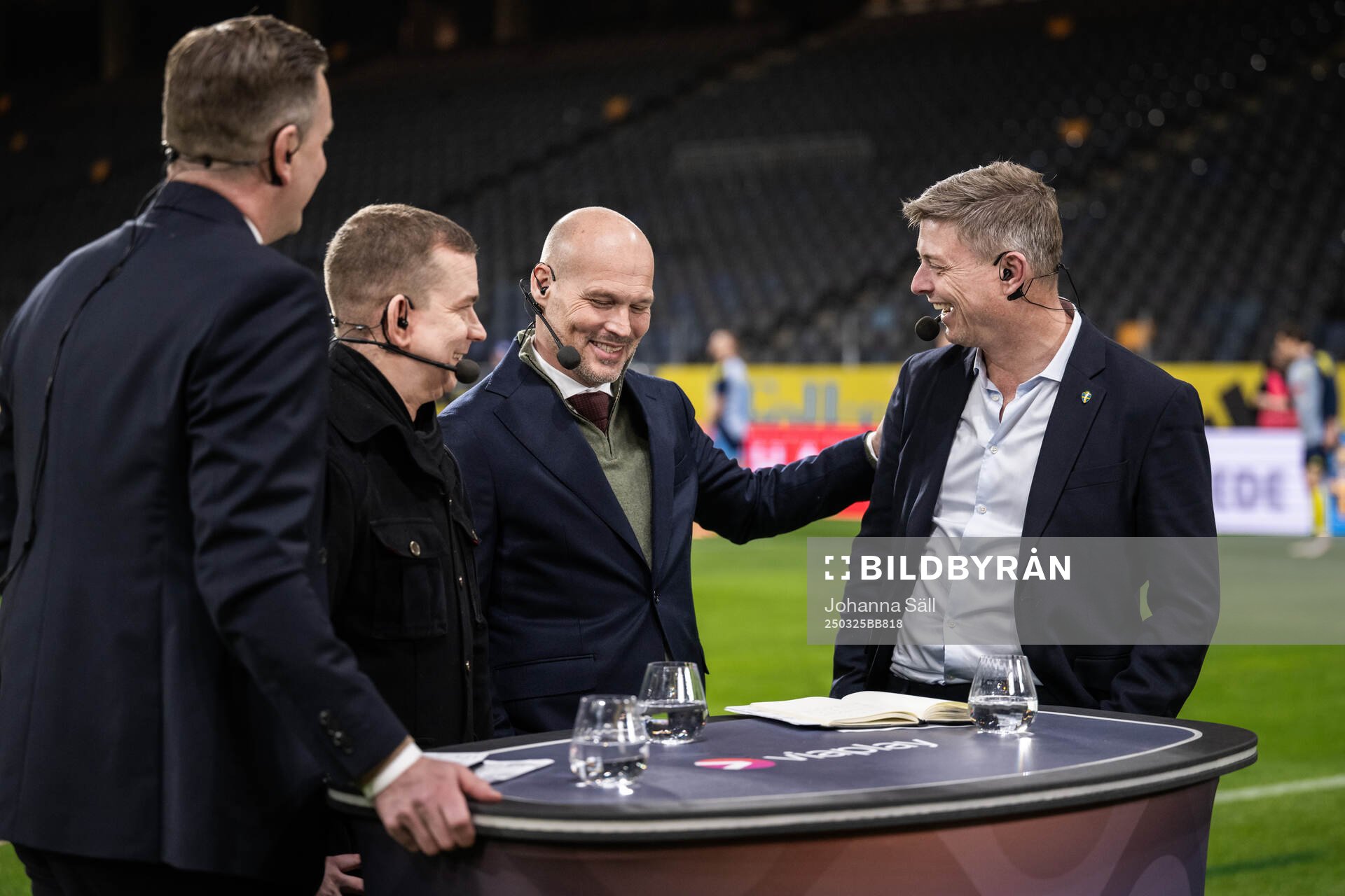 Head coach Jon Dahl Tomasson of Sweden is interviewed in the Viaplay studio with Niklas Jidhe, Erik Niva and Fredrik Ljungberg after the international friendly football match between Sweden and Northern Ireland on March 25, 2025 in Stockholm.