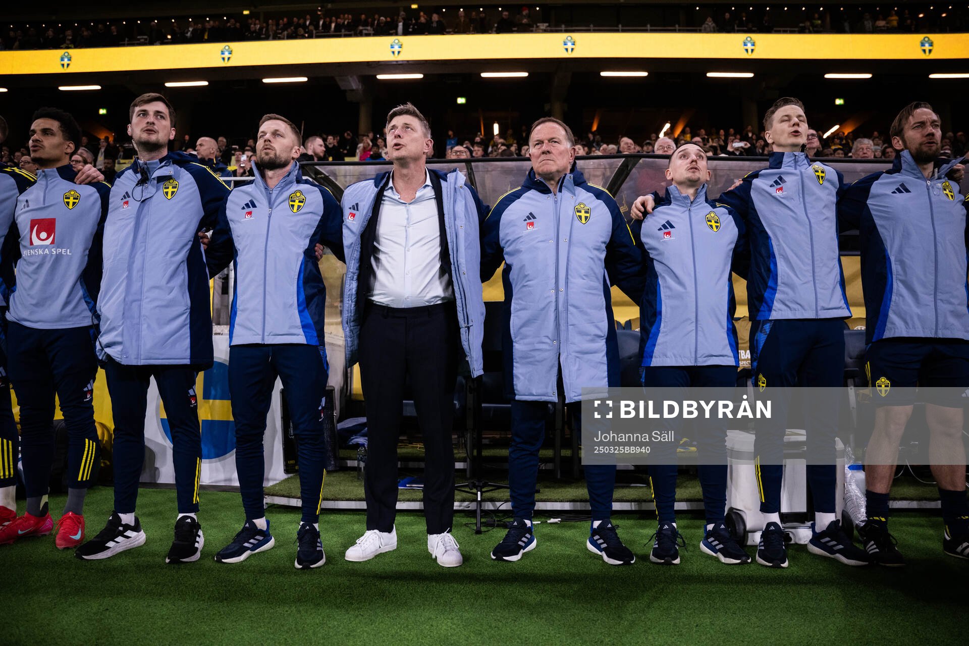 Assistant coach Sebastian Larsson, Head coach Jon Dahl Tomasson and Assistant coach Remy Reijnierse of Sweden ahead of the international friendly football match between Sweden and Northern Ireland on March 25, 2025 in Stockholm.