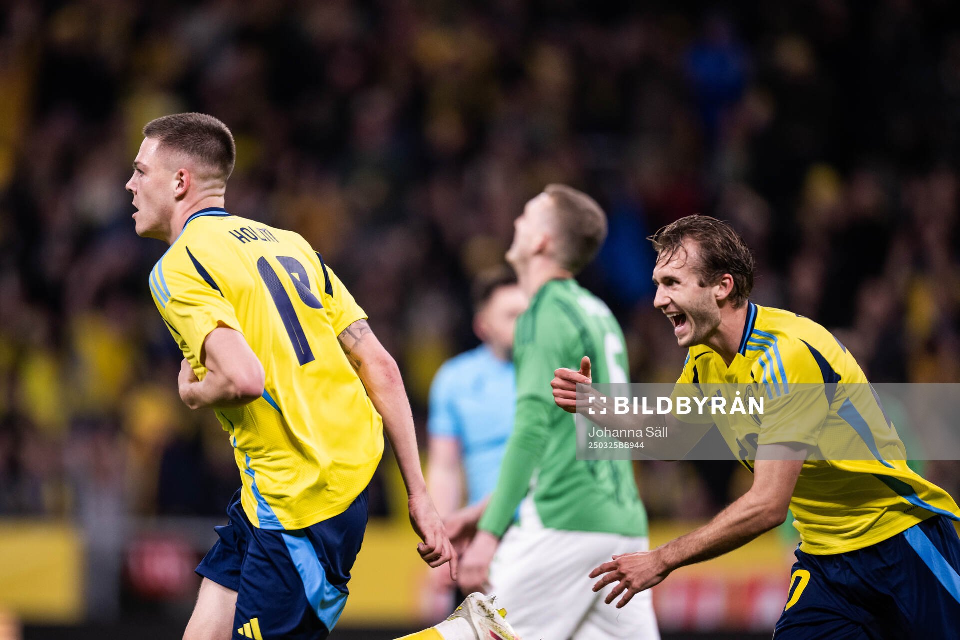 Emil Holm and Benjamin Nygren of Sweden celebrate after 1-0 during the international friendly football match between Sweden and Northern Ireland on March 25, 2025 in Stockholm.
