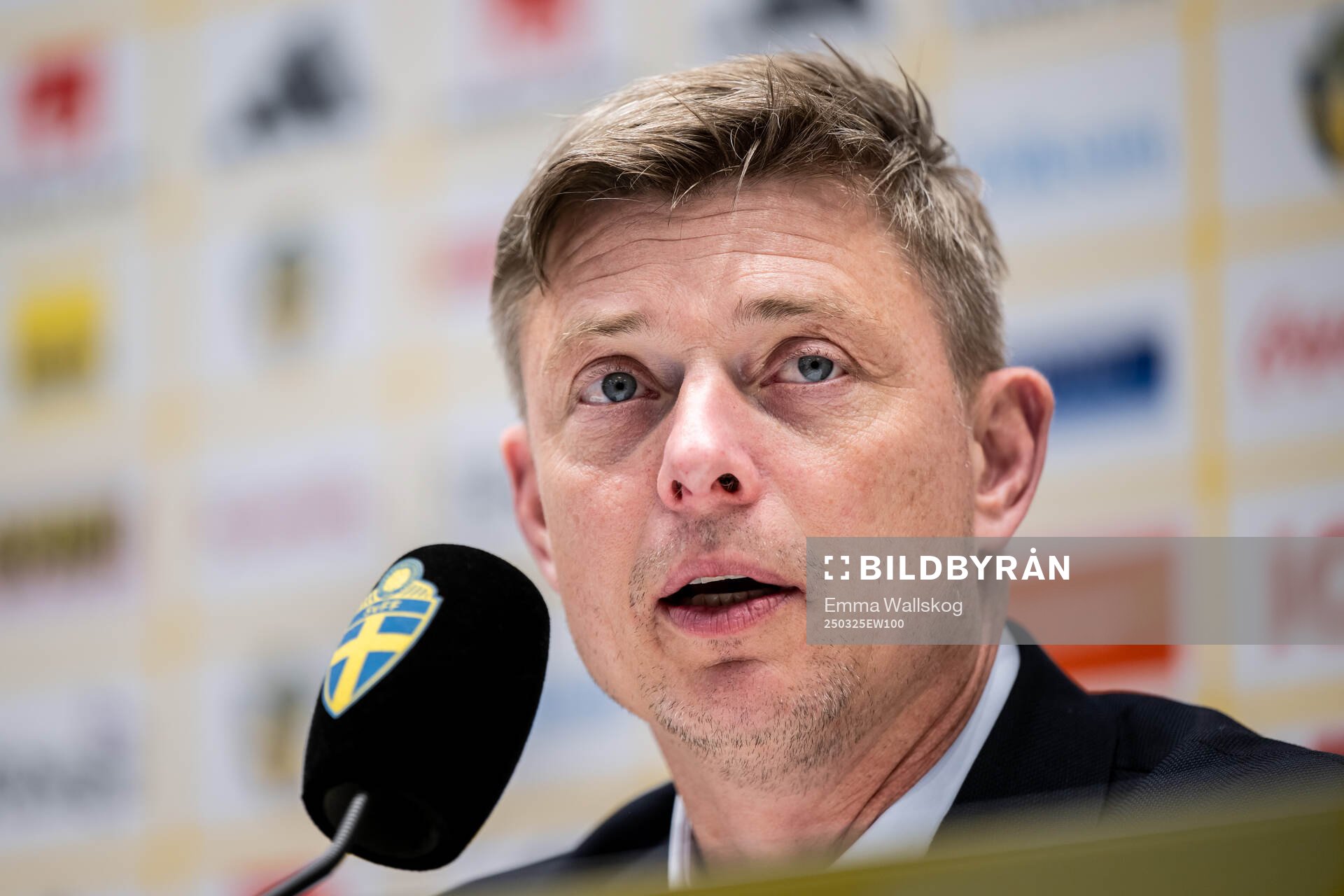 Head coach Jon Dahl Tomasson of Sweden during the press conference after the international friendly football match between Sweden and Northern Ireland on March 25, 2025 in Stockholm.
