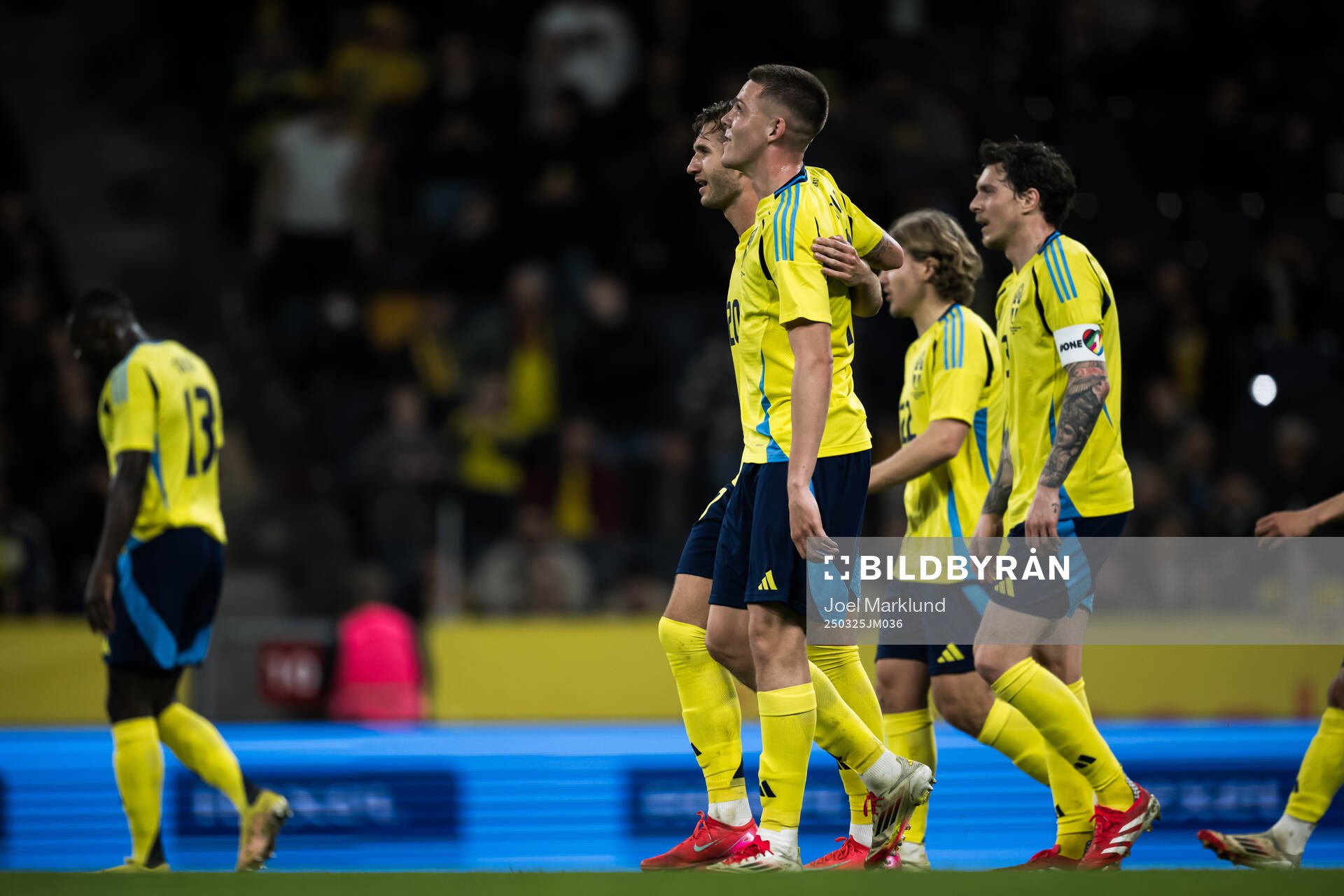 Benjamin Nygren and Emil Holm of Sweden celebrating the 2-0 goal during the international friendly football match between Sweden and Northern Ireland on March 25, 2025 in Stockholm.