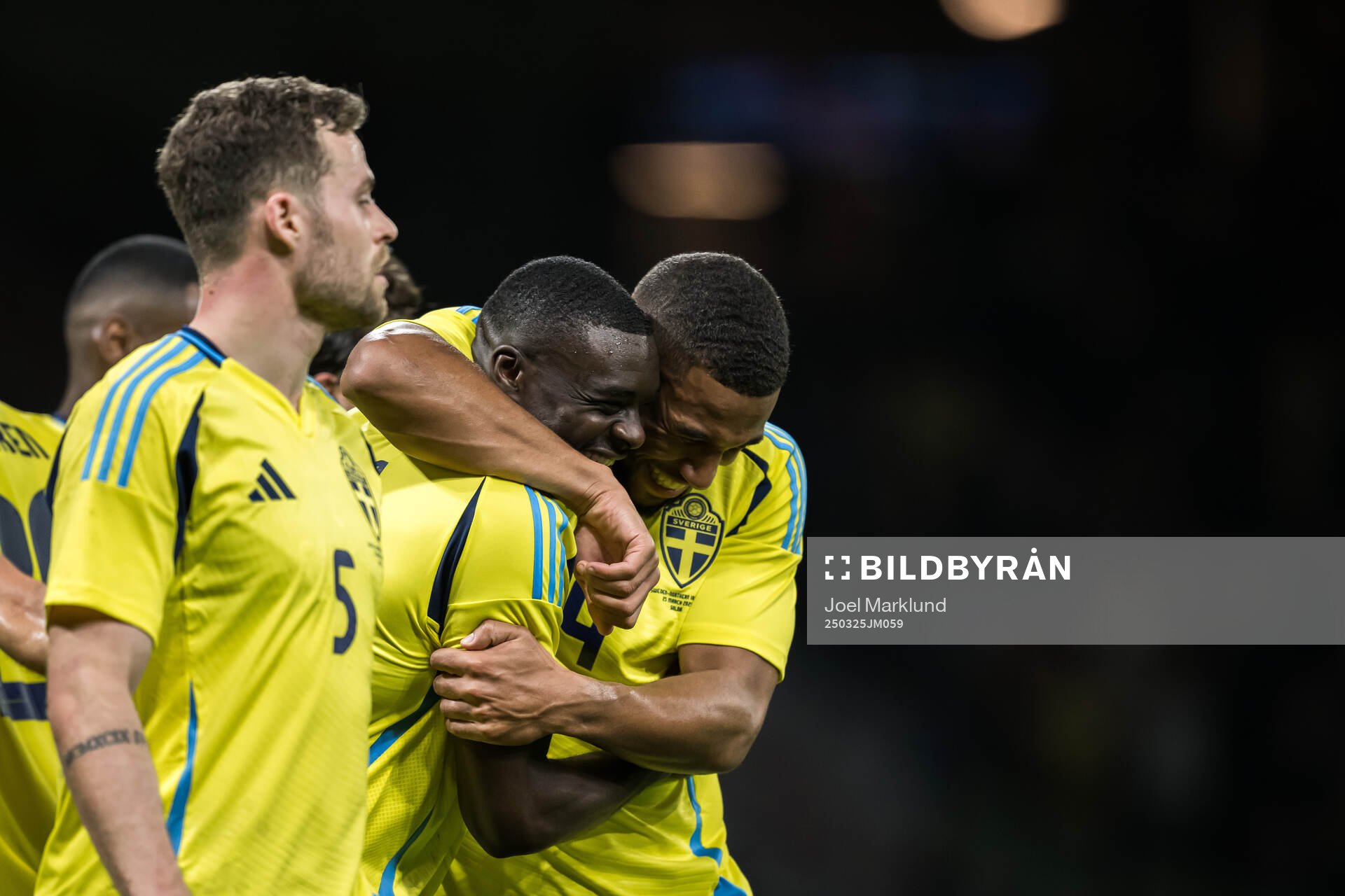 Ken Sema and Isak Hien of Sweden celebrating the 3-0 goal during the international friendly football match between Sweden and Northern Ireland on March 25, 2025 in Stockholm. 