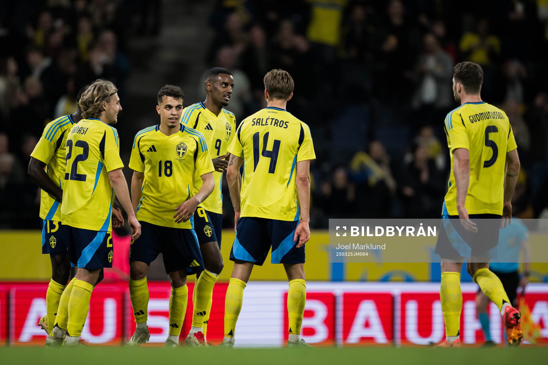 Sebastian Nanasi, Yasin Ayari, Alexander Isak, and Anton Salétros of Sweden celebrating the 4-0 goal during the international friendly football match between Sweden and Northern Ireland on March 25, 2025 in Stockholm.