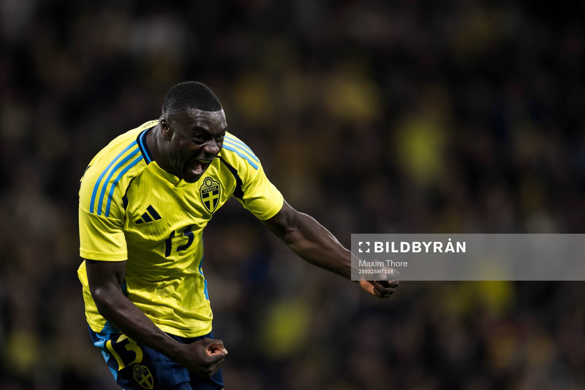 Ken Sema of Sweden celebrates the 3-0 goal during the international friendly football match between Sweden and Northern Ireland on March 25, 2025 in Stockholm.