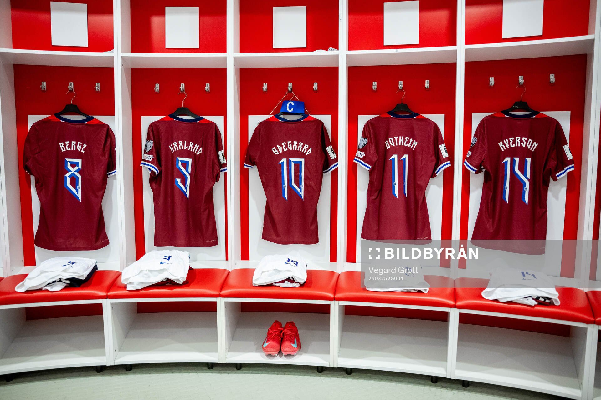 The kits of Sander Berge, Erling Braut Haaland, Martin Ødegaard, Erik Botheim and Julian Ryerson of Norway in the dressing room ahead of the FIFA World Cup Qualifier football match between Israel and Norway on March 25, 2025 in Debrecen.