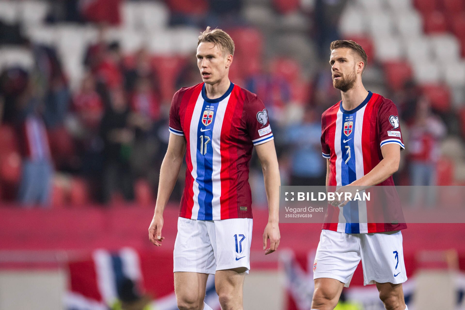 Torbjørn Lysaker Heggem and Kristoffer Ajer of Norway during the FIFA World Cup Qualifier football match between Israel and Norway on March 25, 2025 in Debrecen. 