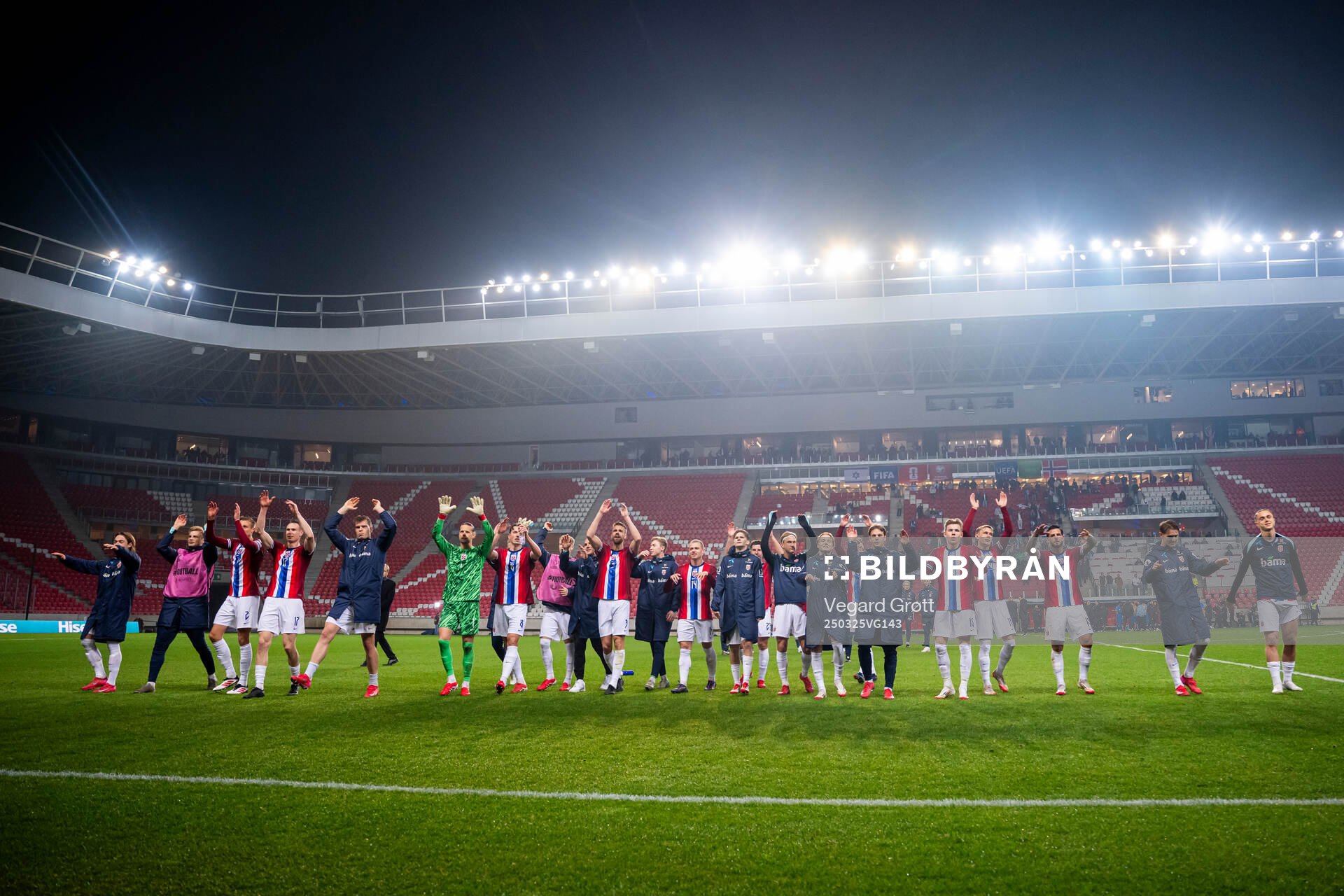Players of Norway celebrate after the FIFA World Cup Qualifier football match between Israel and Norway on March 25, 2025 in Debrecen.