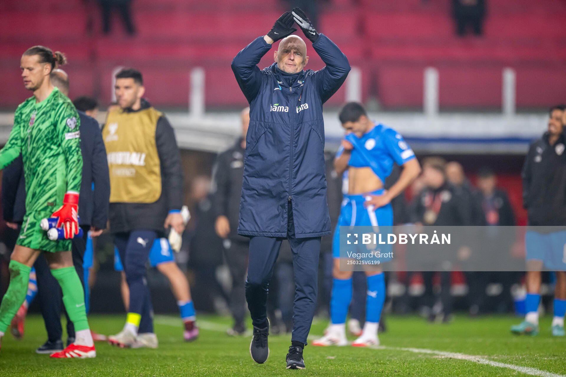 Ståle Solbakken, head coach of Norway, celebrates