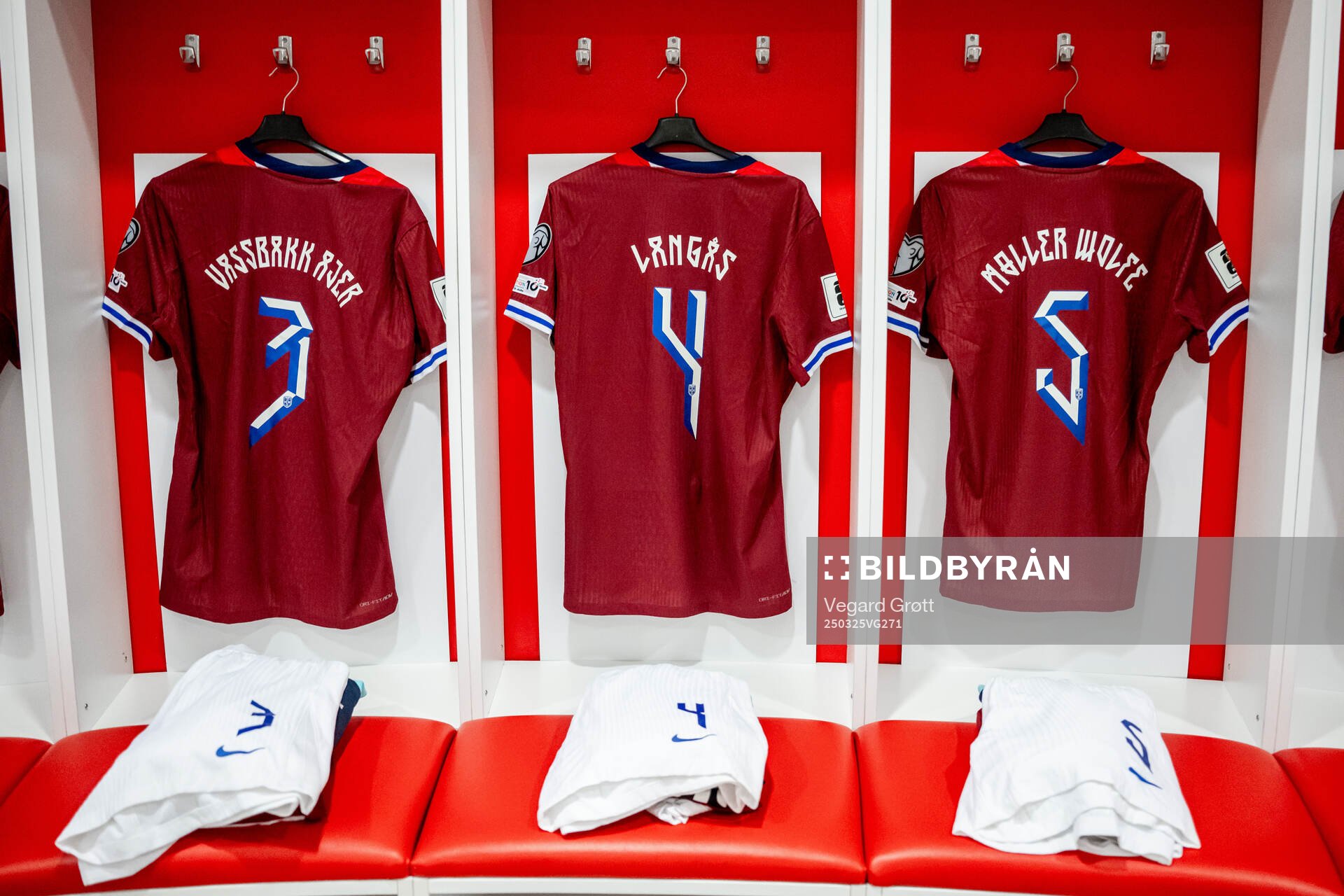 The kits of Kristoffer Ajer, Sondre Langås and David Møller Wolfe of Norway in the dressing room ahead of the FIFA World Cup Qualifier football match between Israel and Norway on March 25, 2025 in Debrecen.