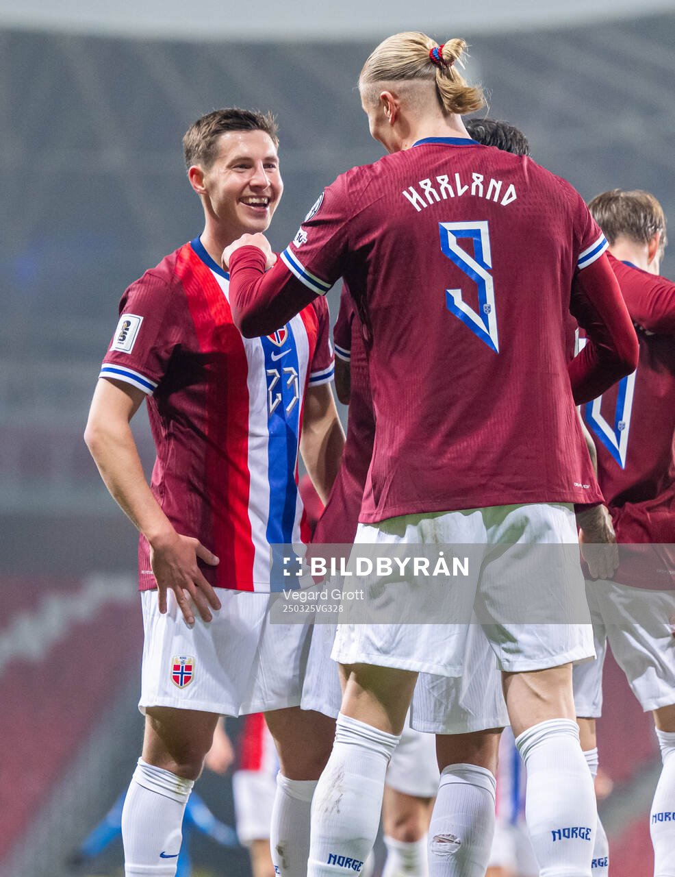 Erling Braut Haaland of Norway celebrates with teammate