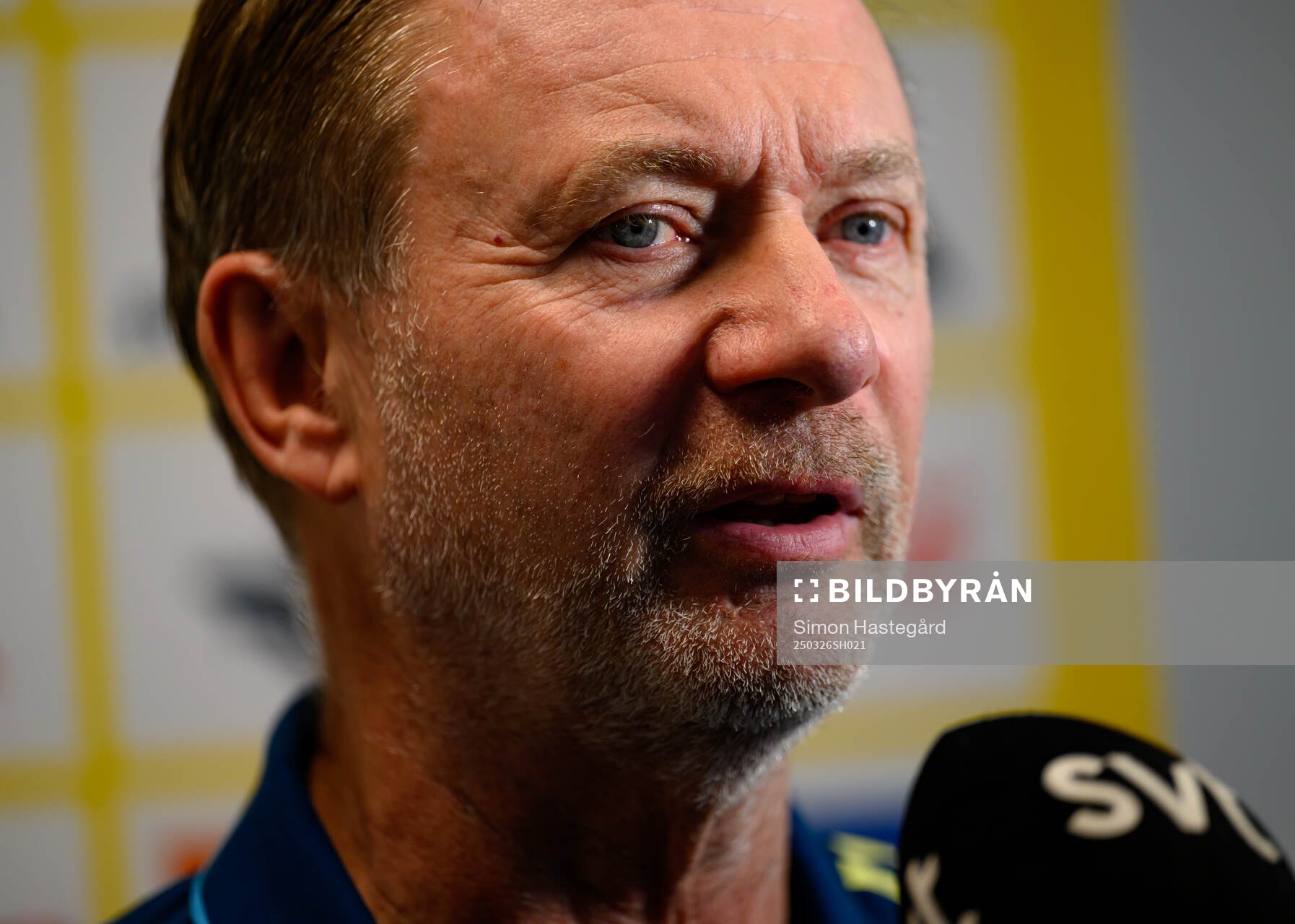 Head coach Peter Gerhardsson of the Swedish women's national football team during a press conference on March 26, 2025 in Stockholm. 