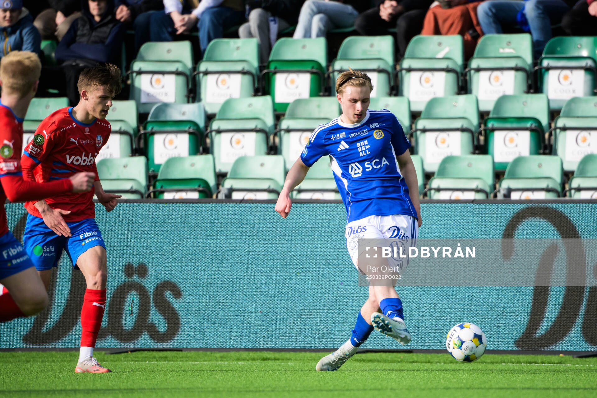 GIF Sundsvalls Malte Hallin under fotbollsmatchen i Superettan mellan GIF Sundsvall och Helsingborg den 29 mars 2025 i Sundsvall. 