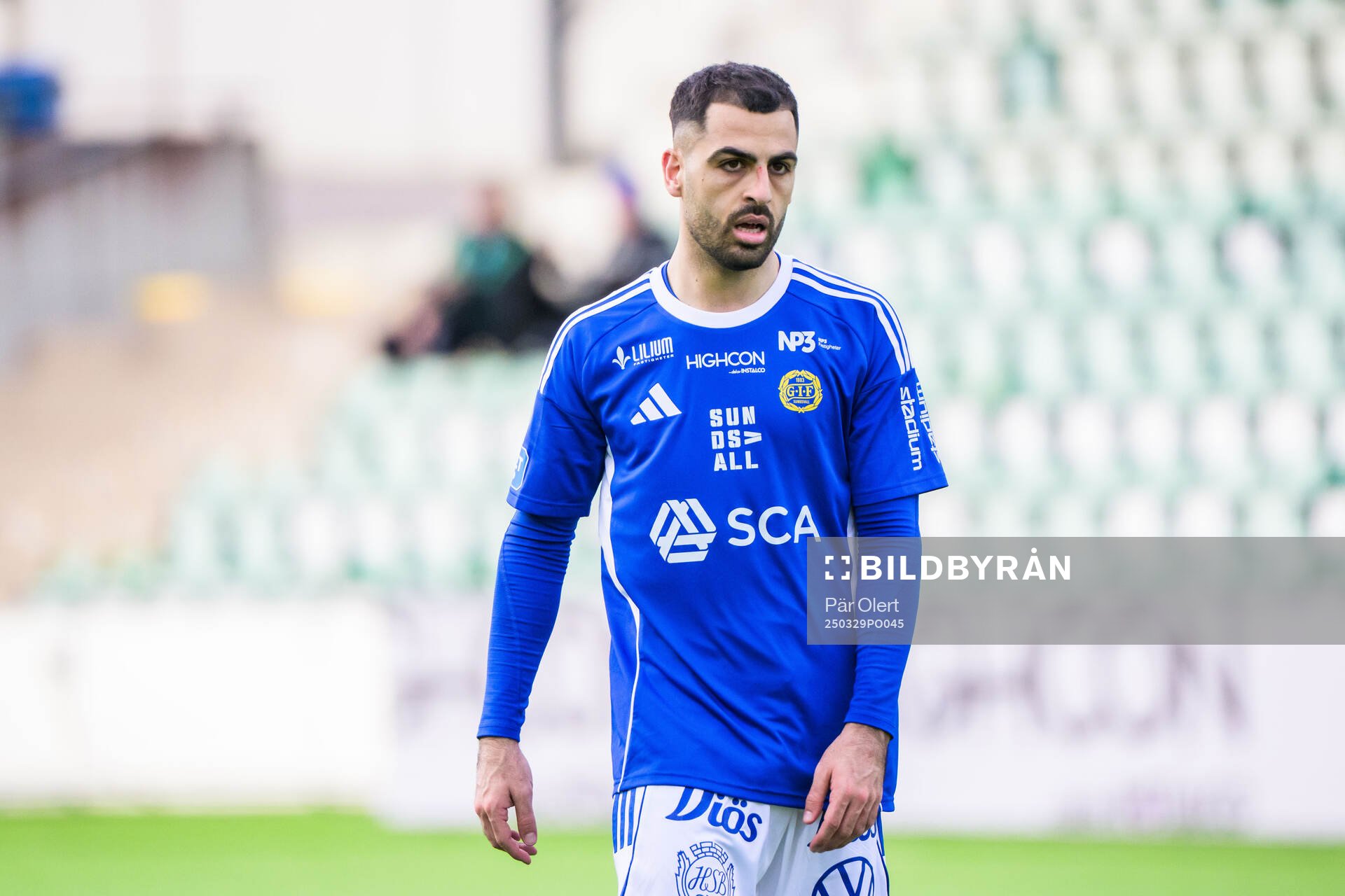 GIF Sundsvalls Samuel Asoma under fotbollsmatchen i Superettan mellan GIF Sundsvall och Helsingborg den 29 mars 2025 i Sundsvall. 