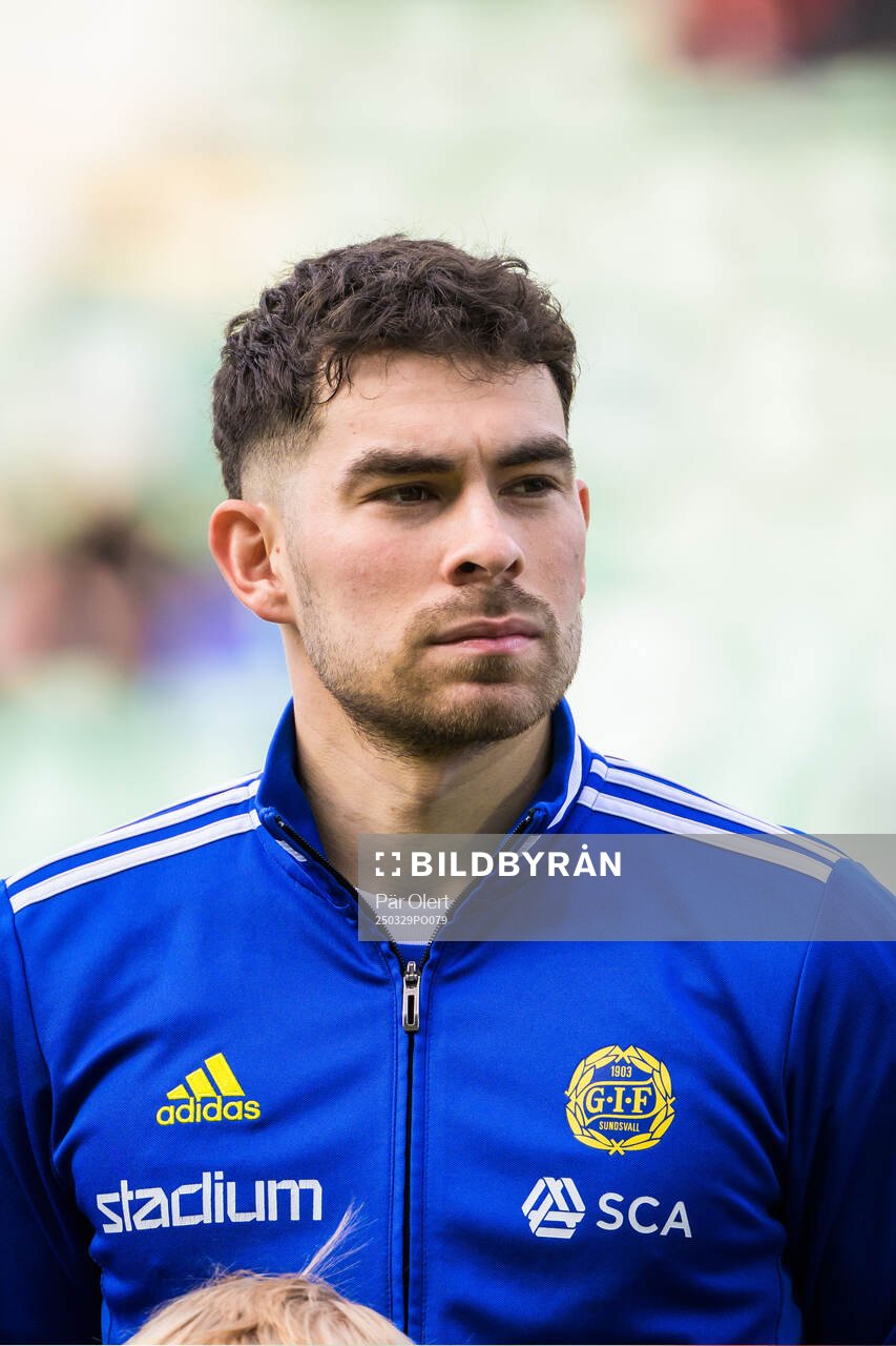 GIF Sundsvalls Miguel Sandberg under fotbollsmatchen i Superettan mellan GIF Sundsvall och Helsingborg den 29 mars 2025 i Sundsvall. 