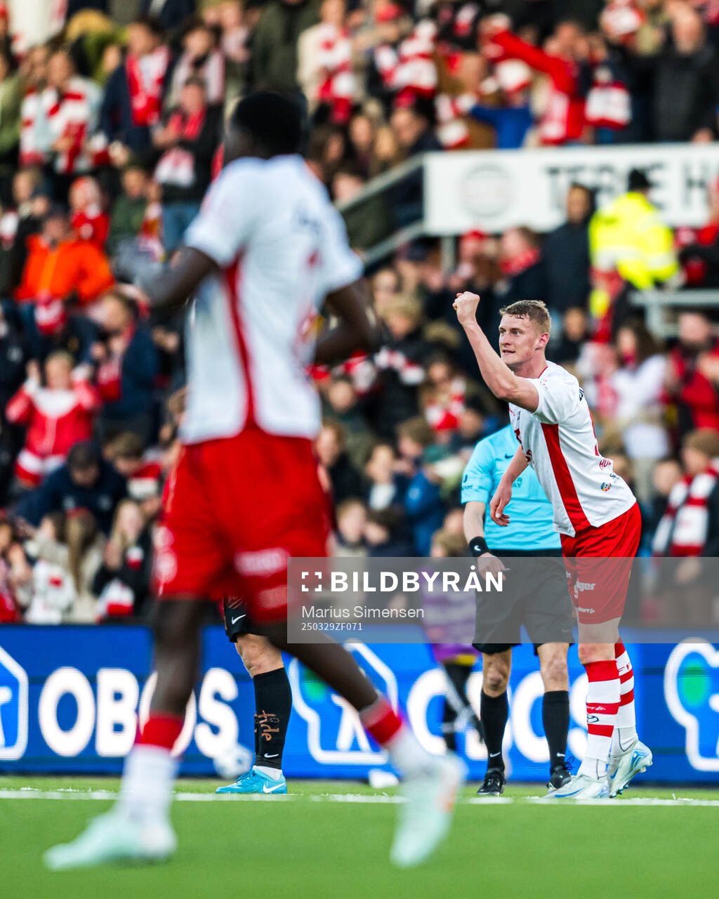 Emil Frost Holten of Fredrikstad celebrates after scoring the 1-0 goal during the Eliteserien match between Fredrikstad and Brann on March 29, 2025 in Fredrikstad. 