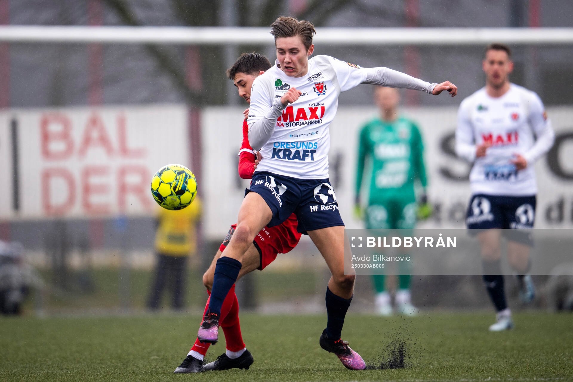 Åstorps FFs Leon Johansson under fotbollsmatchen i Division 2 Södra Götaland mellan Åstorps FF och Bergdalens IK den 30 mars 2025 i Åstorp.