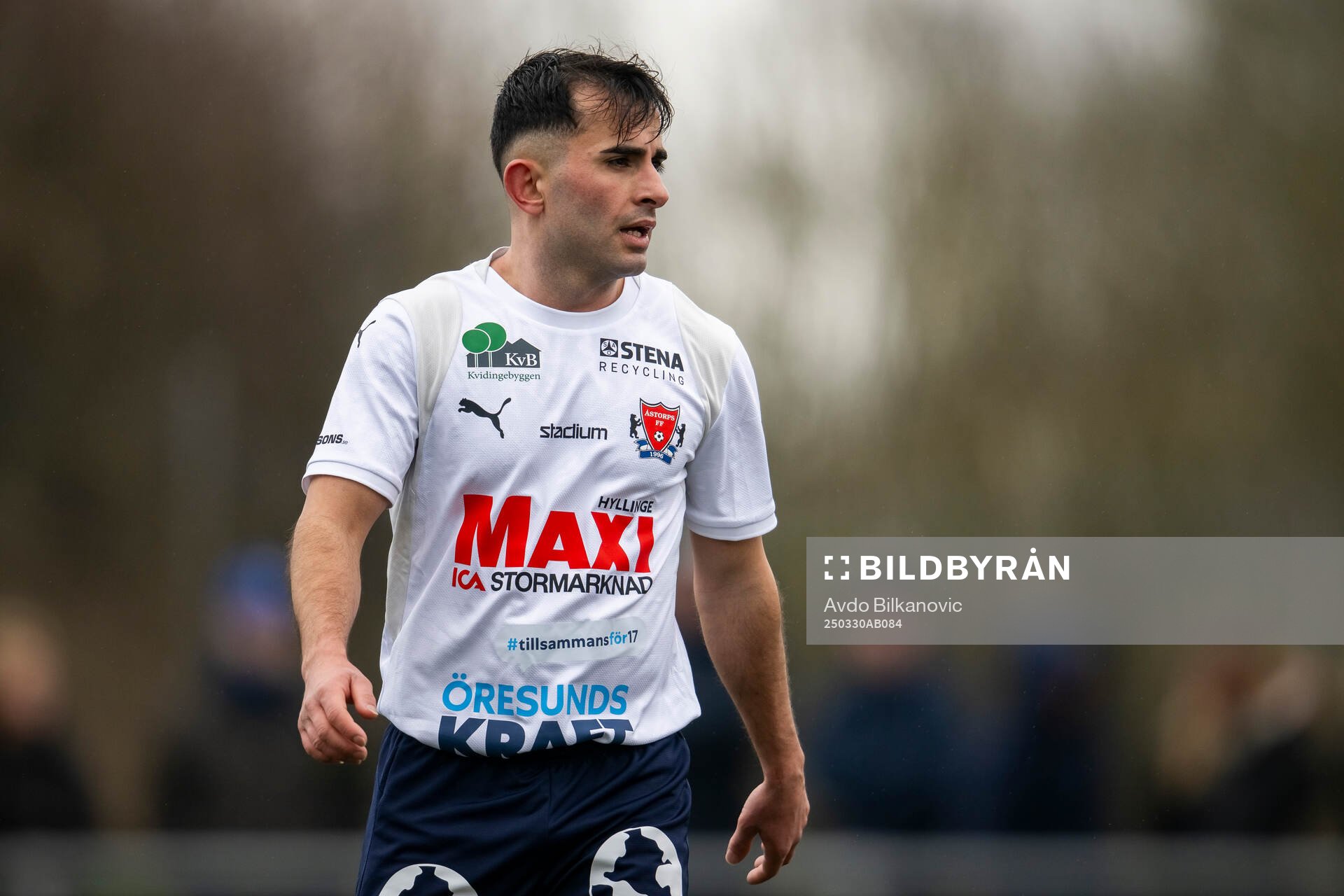 Åstorps FFs Haydil Kret under fotbollsmatchen i Division 2 Södra Götaland mellan Åstorps FF och Bergdalens IK den 30 mars 2025 i Åstorp.