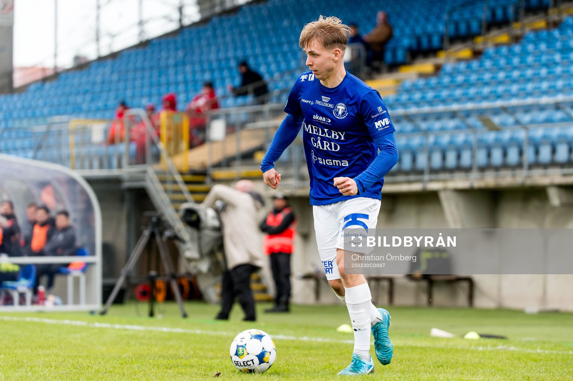 Trelleborgs Axel Vidjeskog under fotbollsmatchen i Superettan mellan Trelleborg och Östersund den 30 mars 2025 i Trelleborg. 