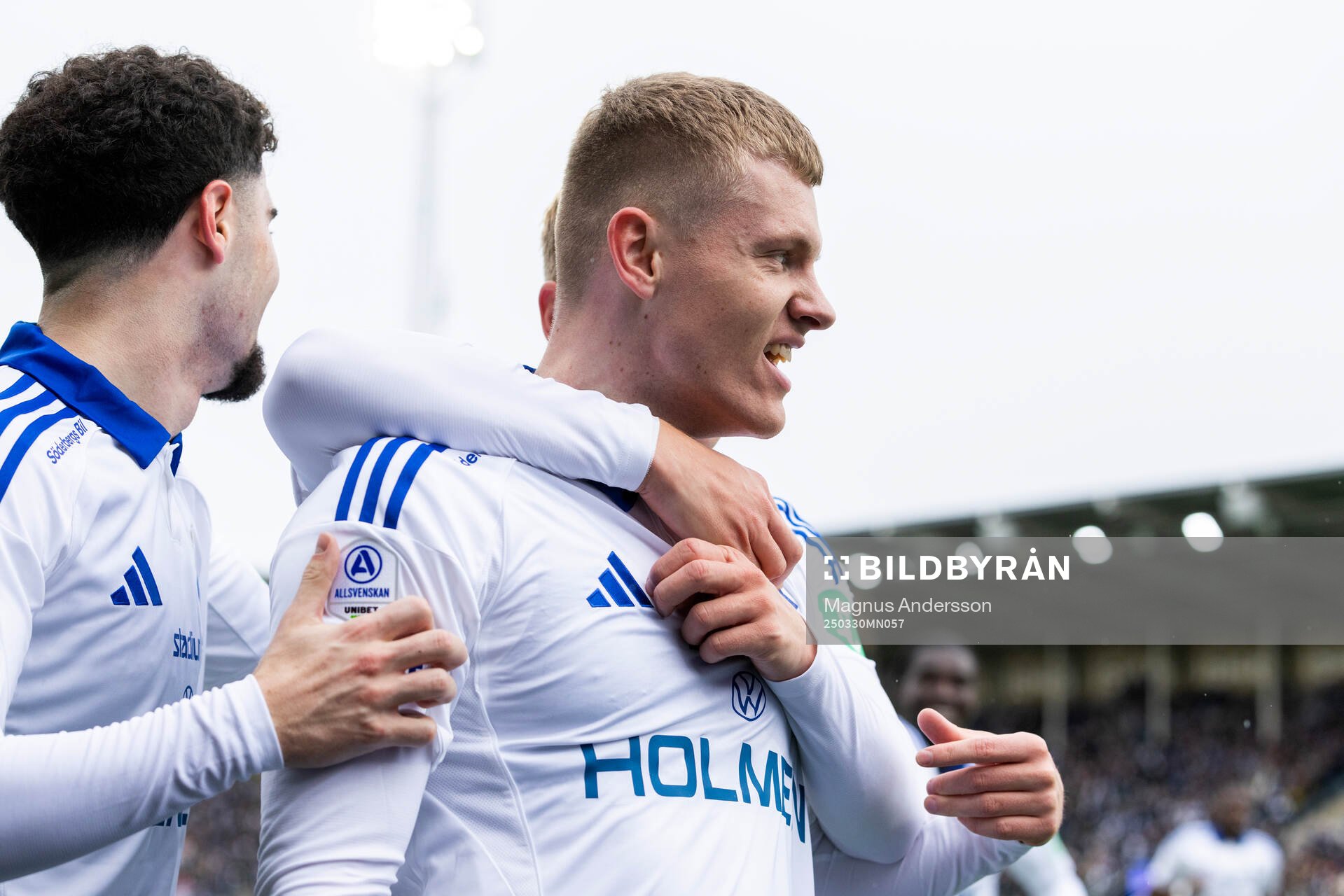IFK Norrköpings Sebastian Vinther Jørgensen jublar efter 1-0 under fotbollsmatchen i Allsvenskan mellan IFK Norrköping och Öster den 30 mars 2025 i Norrköping.