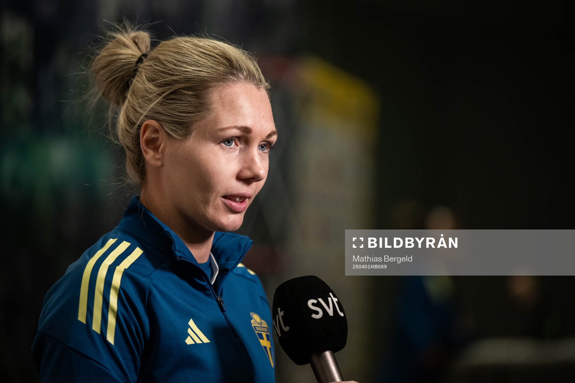 Goalkeeper Jennifer Falk is interviewed